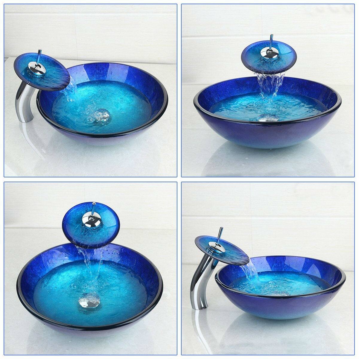 Angle. Hivvago - Modern Blue Glass Bathroom Vessel Sink and Faucet with Chrome Drain - Blue.