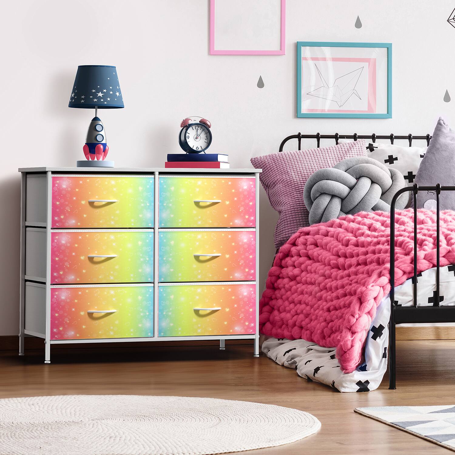 Angle. Sorbus - Sorbus Dresser with 6 Drawers, Furniture Storage Tower Unit for Bedroom, Hallway, Closet Wood Top Fabric Drawers Chest - Rainbow & Stars.