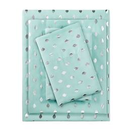 Gracie Mills - Juniper Metallic Ikat Dot Printed Sheet Set - Aqua/Silver