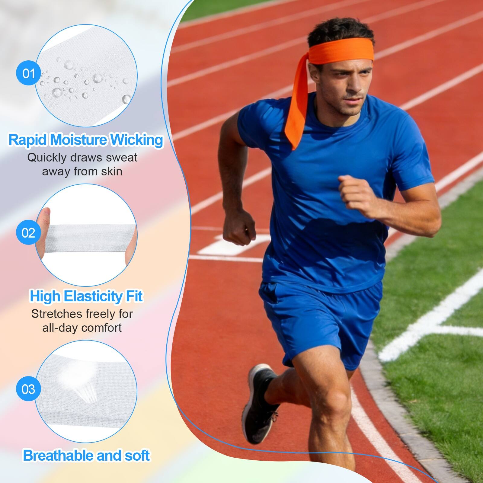 01 Rapid Moisture Wicking: Quickly draws sweat away from skin  
02 High Elasticity Fit: Stretches freely for all-day comfort  
03 Breathable and soft