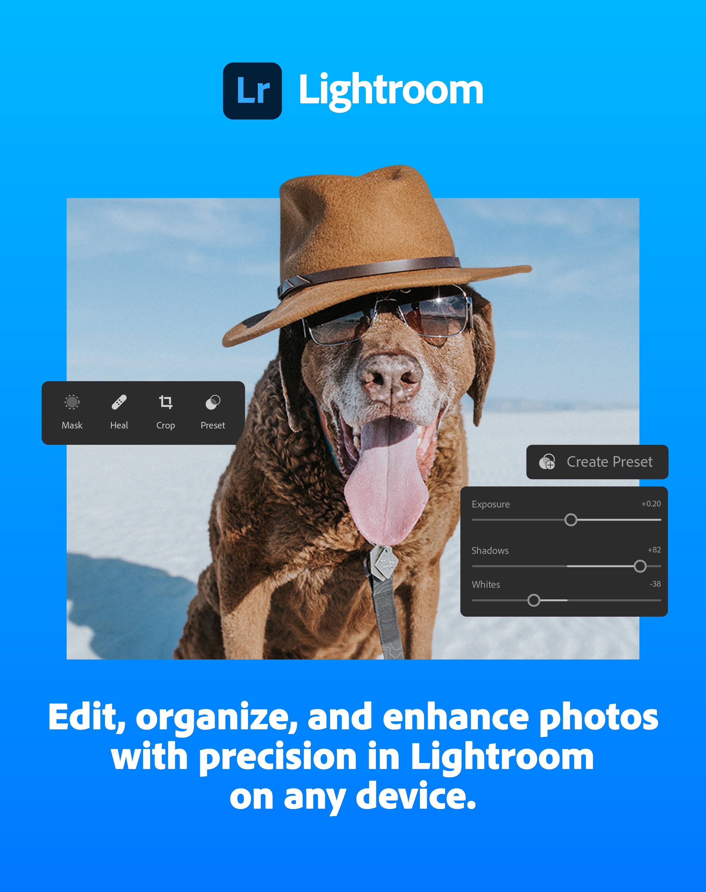 Lr Lightroom

Edit, organize, and enhance photos with precision in Lightroom on any device.

Mask Heal Crop Preset Create Preset

Exposure +0.20 Shadows +82 Whites -38