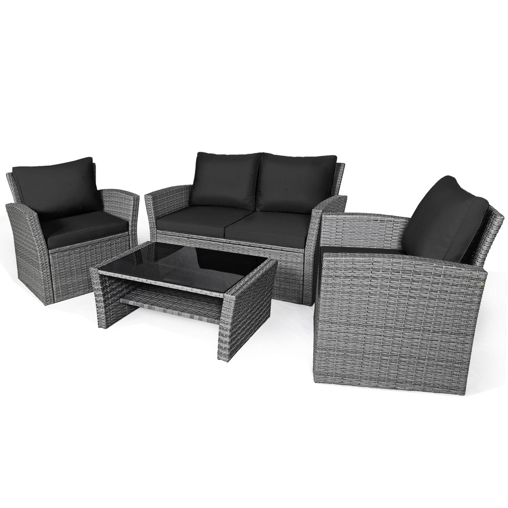 Alt View 1. Gymax - Gymax 4PCS Patio Rattan Conversation Set Outdoor Furniture Set w/ Black Cushions - Black.