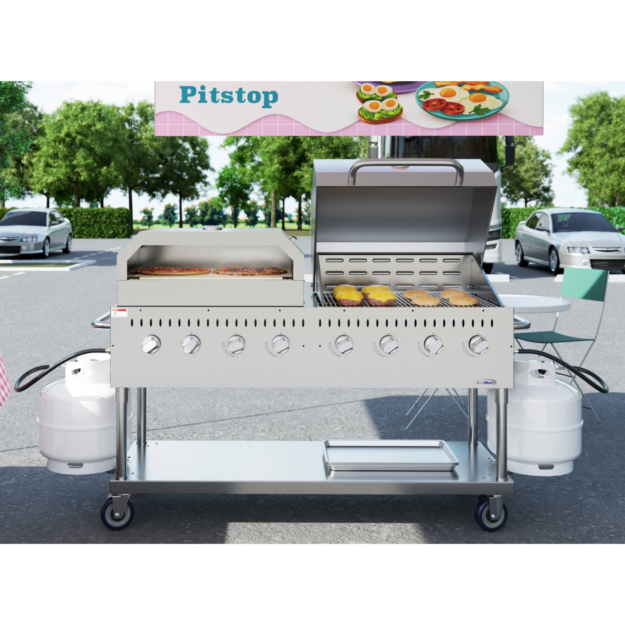 Back. Koolmore - 60 in. 8-Burner Commercial Outdoor Propane Gas Grill With 30 in. Roll Dome Cover and 30 in. Pizza Oven in Stainless - Stainless Steel.