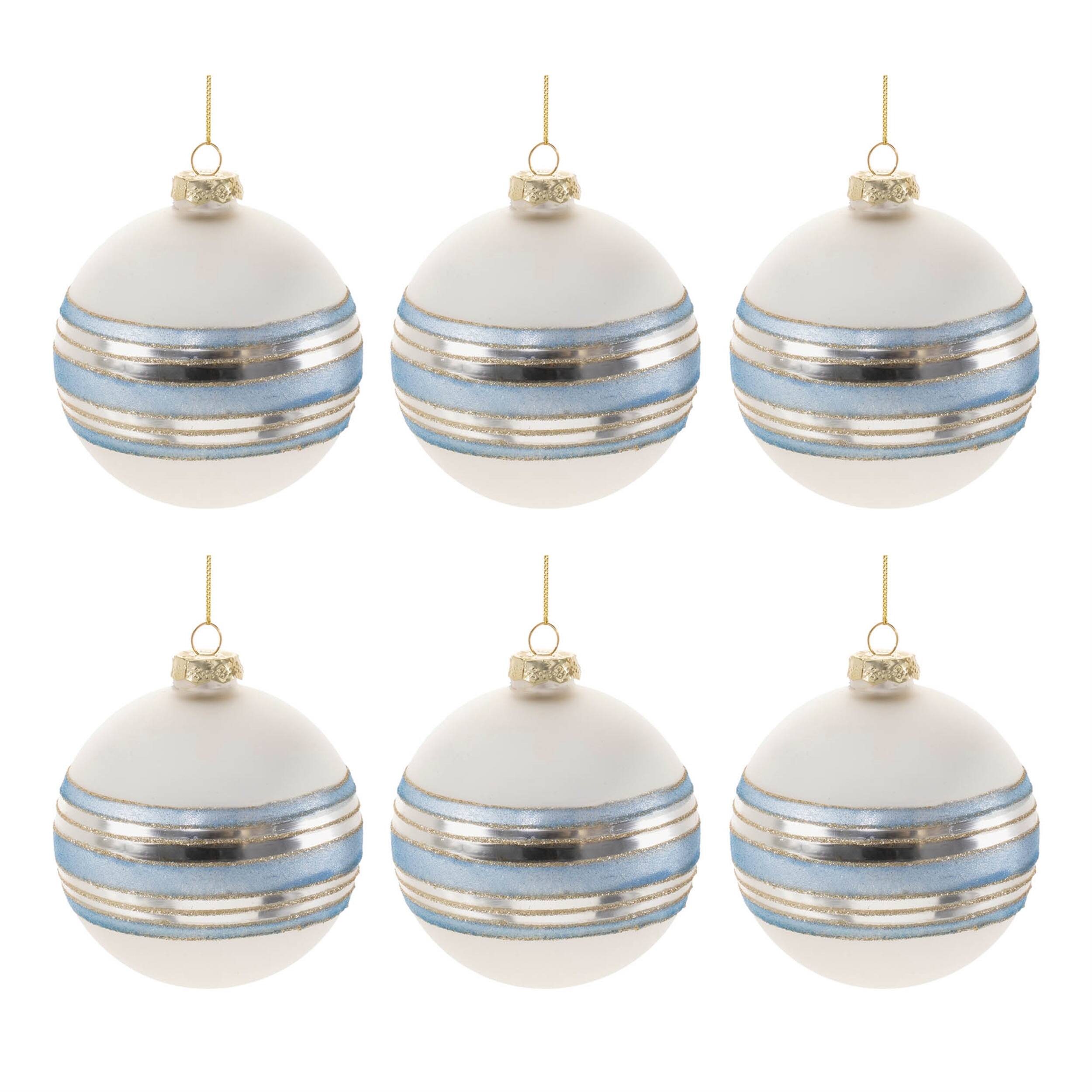 Left. BreeBe - Striped Glass Ball Ornament (Set of 6) - Silver, Blue.