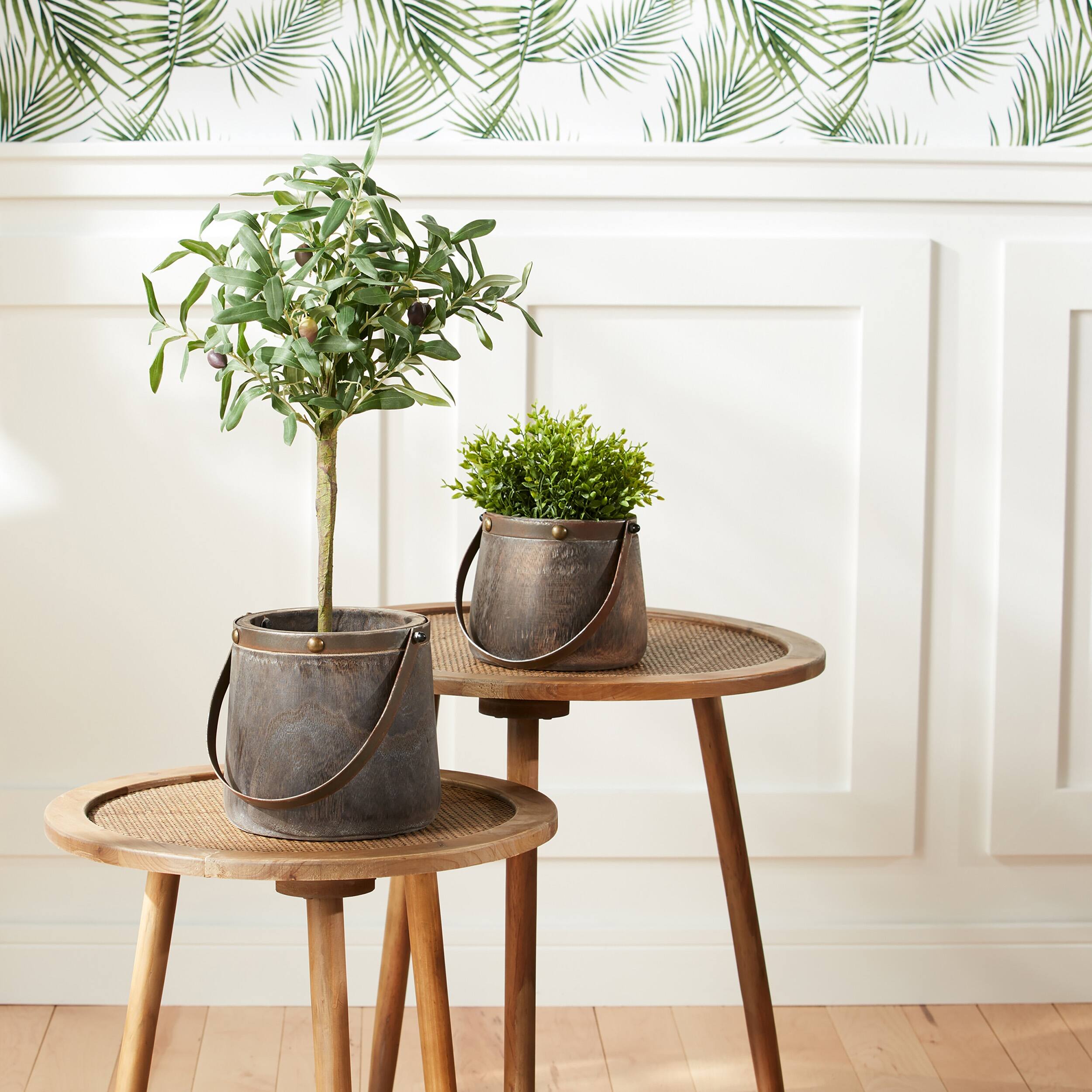 Left. BreeBe - Natural Wooden Pail Planter with Metal Handle Accent (Set of 2) - Brown.