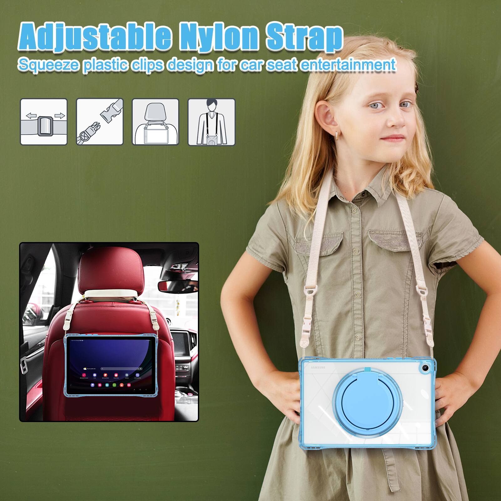 Adjustable Nylon Strap  
Squeeze plastic clips design for car seat entertainment