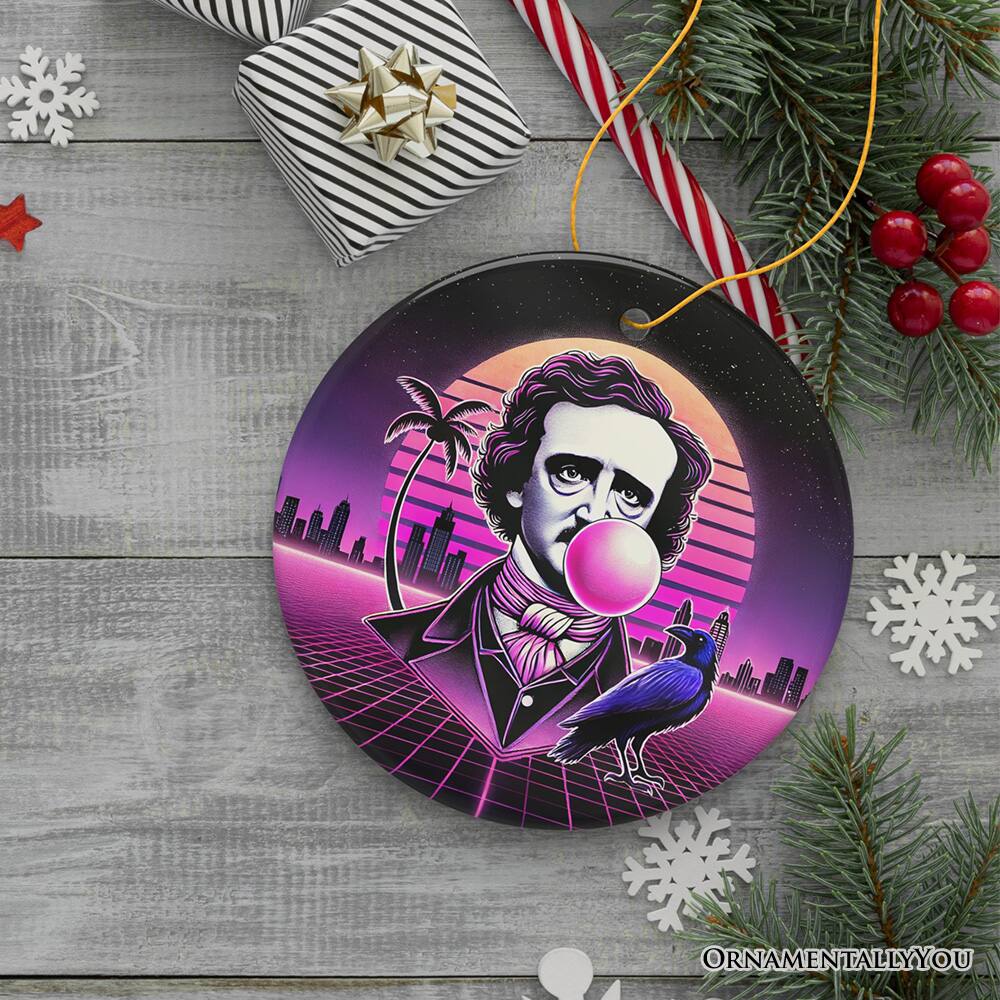 Back. OrnamentallyYou - Synthwave 80's Styled Edgar Allan Poe Horror Ornament, Vaperwave Classic Retro Neon Halloween Gift - Multi-colored.