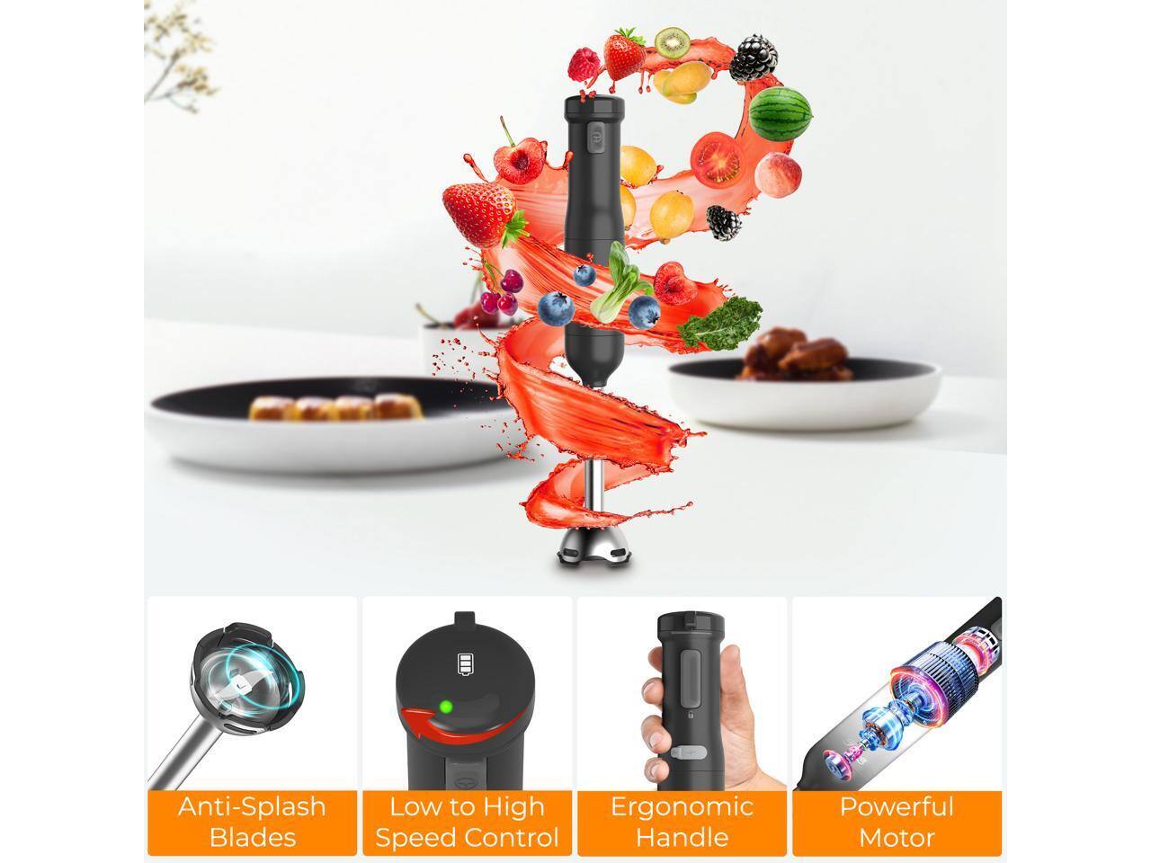 Anti-Splash Blades  
Low to High Speed Control  
Ergonomic Handle  
Powerful Motor