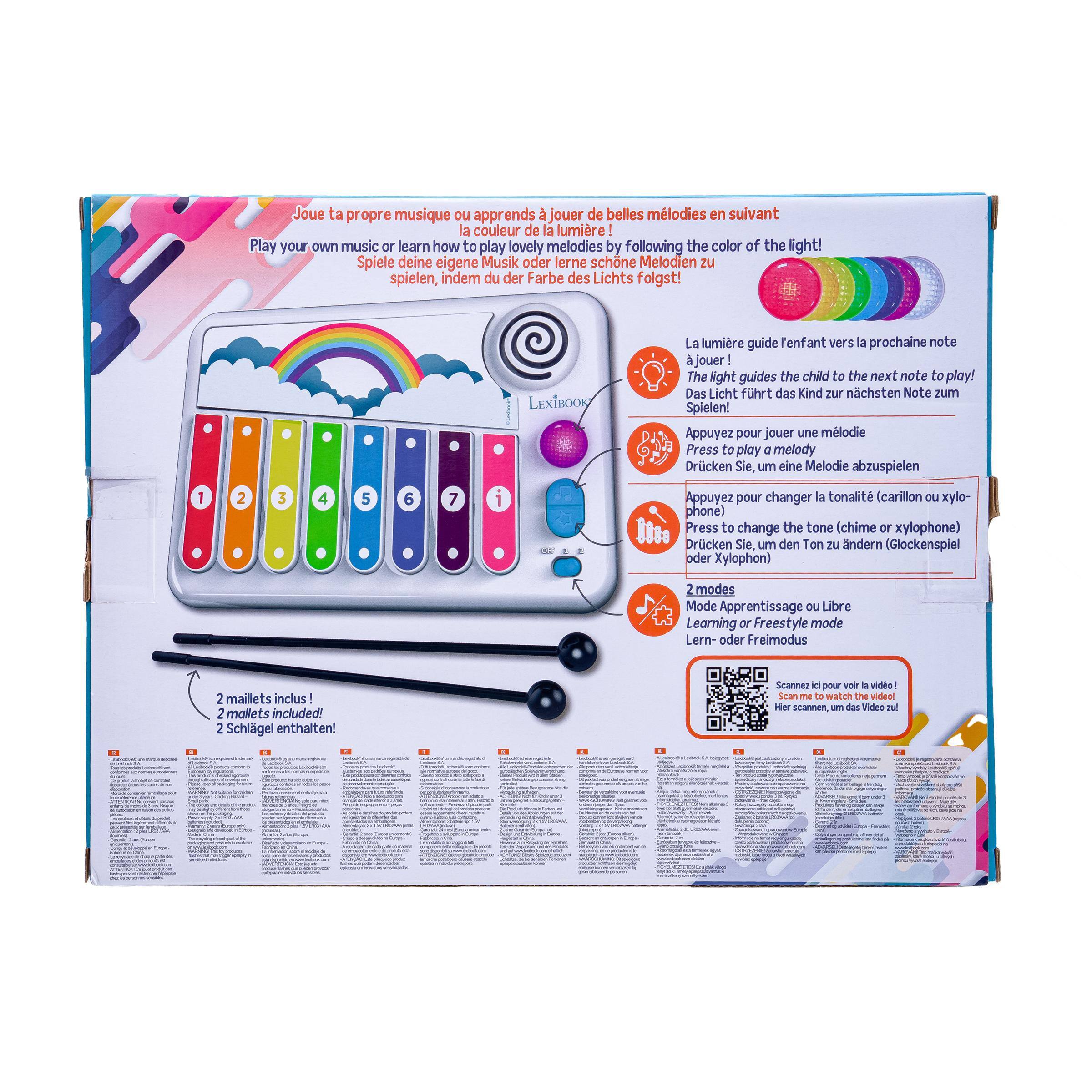 Joue ta propre musique ou apprends à jouer de belles mélodies en suivant la couleur de la lumière !  
Play your own music or learn how to play lovely melodies by following the color of the light!  
Spiele deine eigene Musik oder lerne schöne Melodien zu spielen, indem du der Farbe des Lichts folgst!  

La lumière guide l'enfant vers la prochaine note à jouer !  
The light guides the child to the next note to play!  
Das Licht führt das Kind zur nächsten Note zum Spielen!  

Appuyez pour jouer une mélodie  
Press to play a melody  
Drücken Sie, um eine Melodie abzuspielen  

Appuyez pour changer de tonalité (carillon ou xylophone)  
Press to change the tone (chime or xylophone)  
Drücken Sie, um den Ton zu ändern (Glockenspiel oder Xylophon)  

2 modes  
Mode Apprentissage ou Libre  
Learning or Freestyle mode  
Lern- oder Freimodus  

2 maillets inclus  
2 mallets included!  
2 Schlägel enthalten!  

Scannez ici pour voir la vidéo !  
Scan