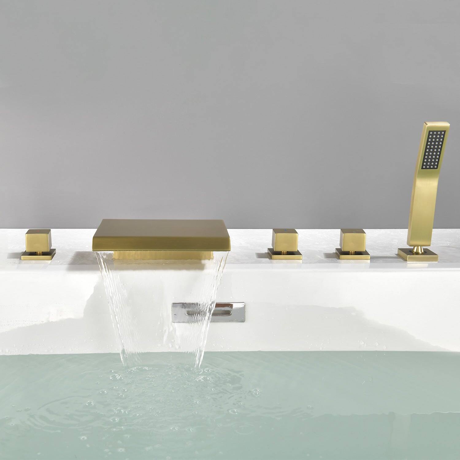 Alt View 2. Boyel Living - Brushed Gold Waterfall Bath Tub Faucet with Handheld Shower SUS304 Hot Cold Control 5 Hole Installation High Flow Rate - Brushed Gold.