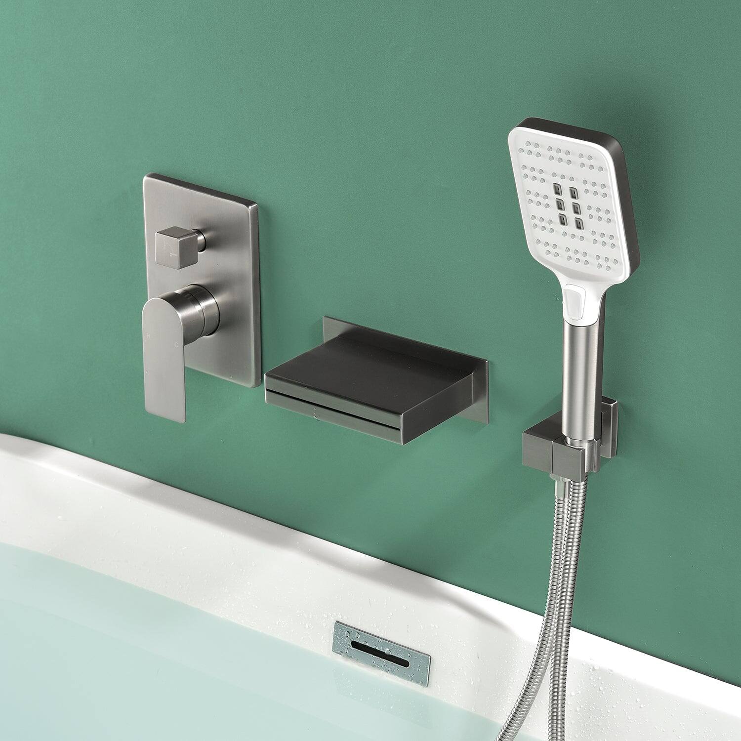 Alt View 3. Boyel Living - Brushed Bathtub Faucet 2-Function Brass Pressure Balance Valve 3-Function Hand Shower 1.5m SUS304 Hose - Brushed Nickel.