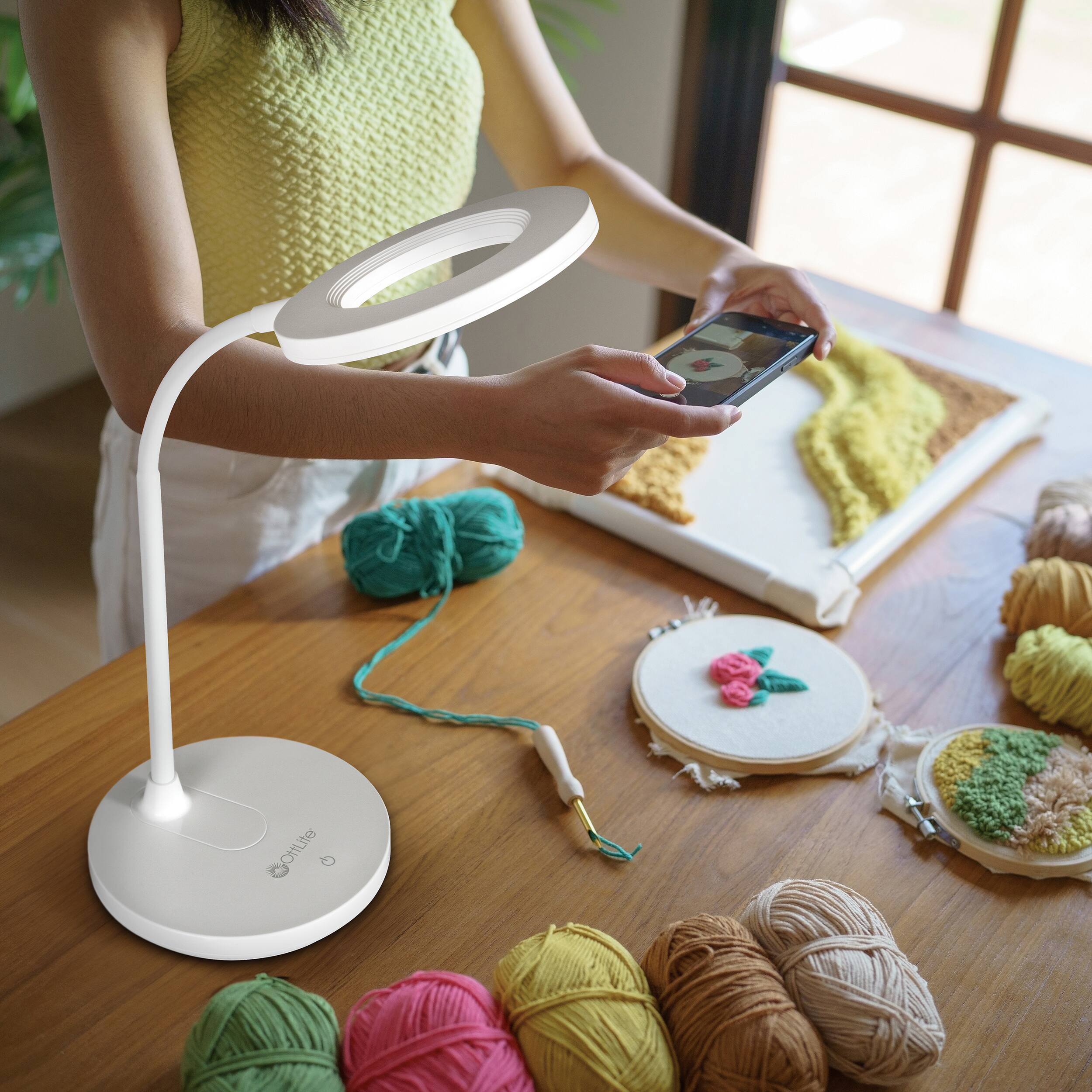 Angle. OttLite - Rechargeable LED Ring Desk Lamp - White.