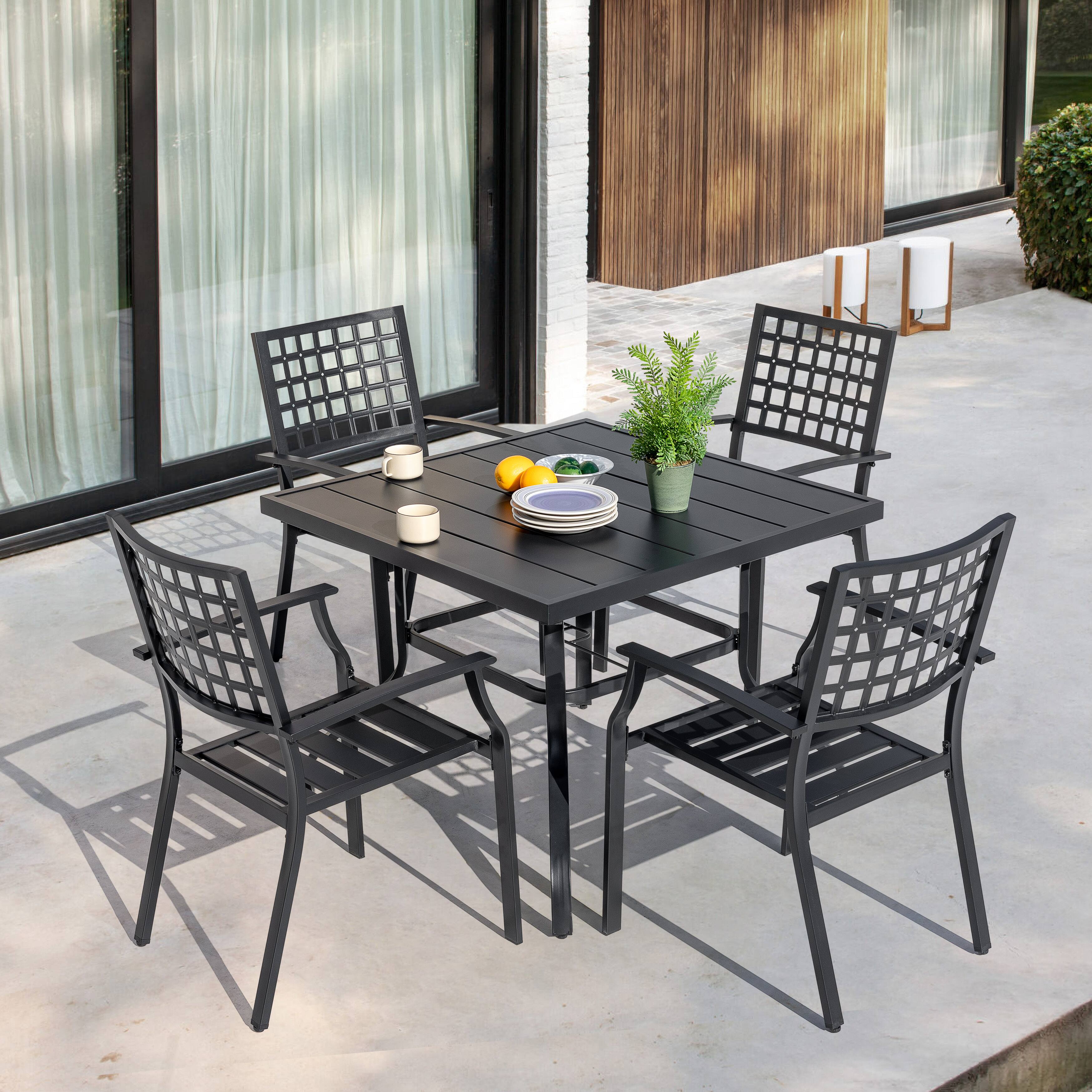 Angle. Nuu Garden - Outdoor 5-Piece Iron Dining Set, 4 Chairs and 37 Inch Square Dining Table with 1.57'' Umbrella Hole - Black.