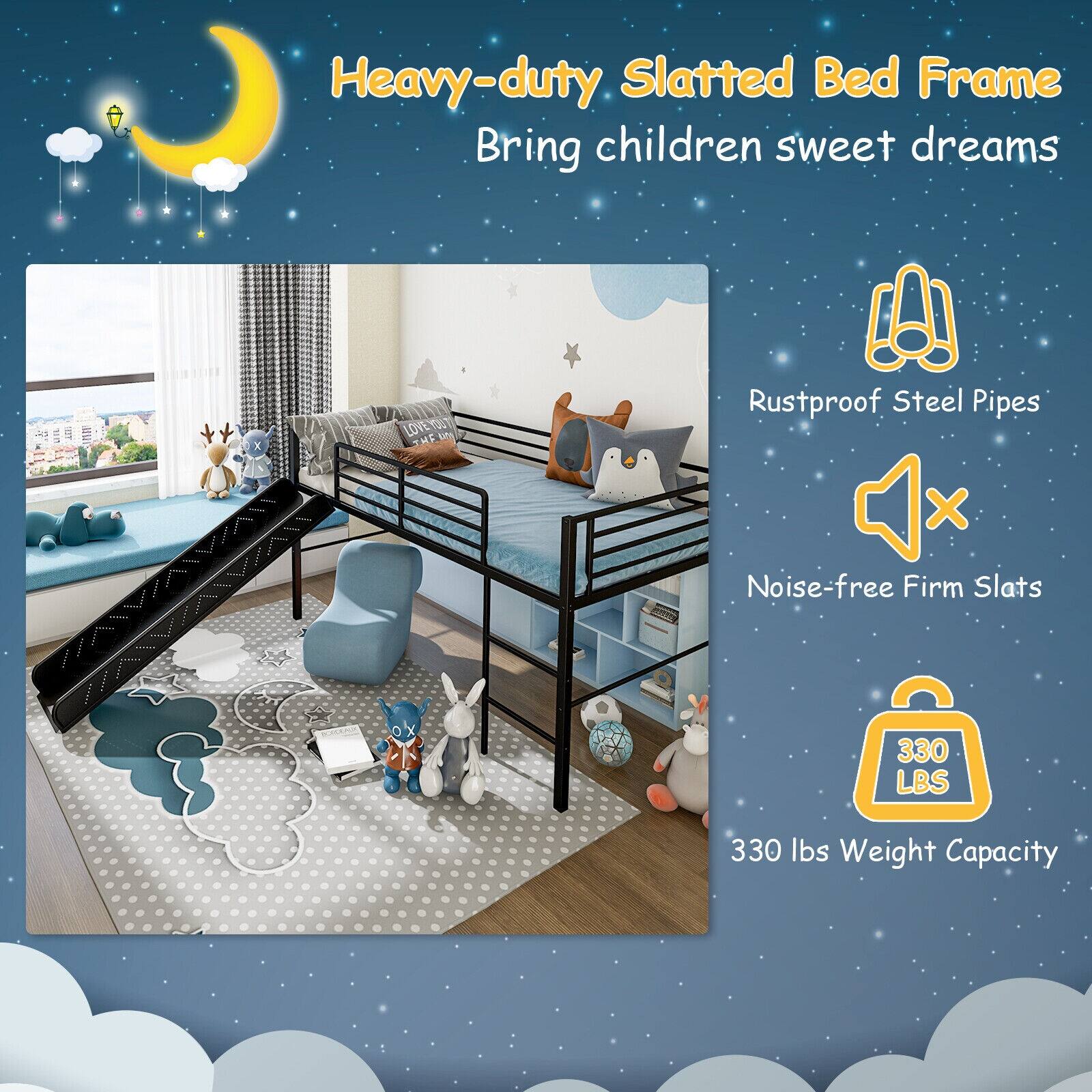 Heavy-duty Slatted Bed Frame: Bring children sweet dreams with this LOVENOIT bed frame. It features rustproof steel pipes and noise-free firm slats, providing a comfortable and durable sleeping experience for your child. The bed frame has a weight capacity of 330 lbs, ensuring it can support your child's growth and development.