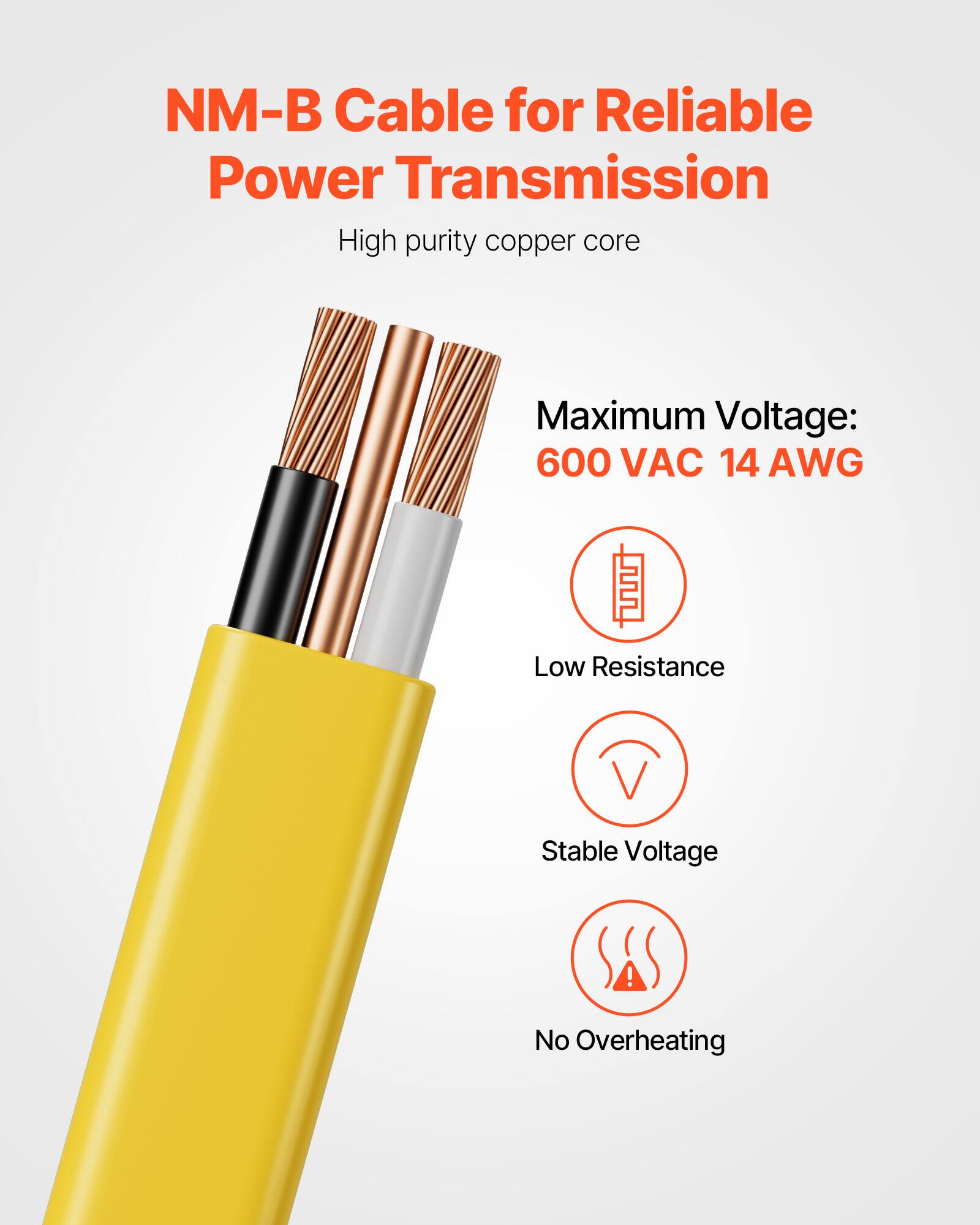 NM-B Cable for Reliable Power Transmission  
High purity copper core  
Maximum Voltage: 600 VAC 14 AWG  
Low Resistance  
Stable Voltage  
No Overheating
