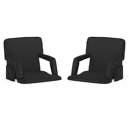 Emma + Oliver - 2 Pack Folding Metal Stadium Chairs with Padded, Reclining Back & Armrests - Black
