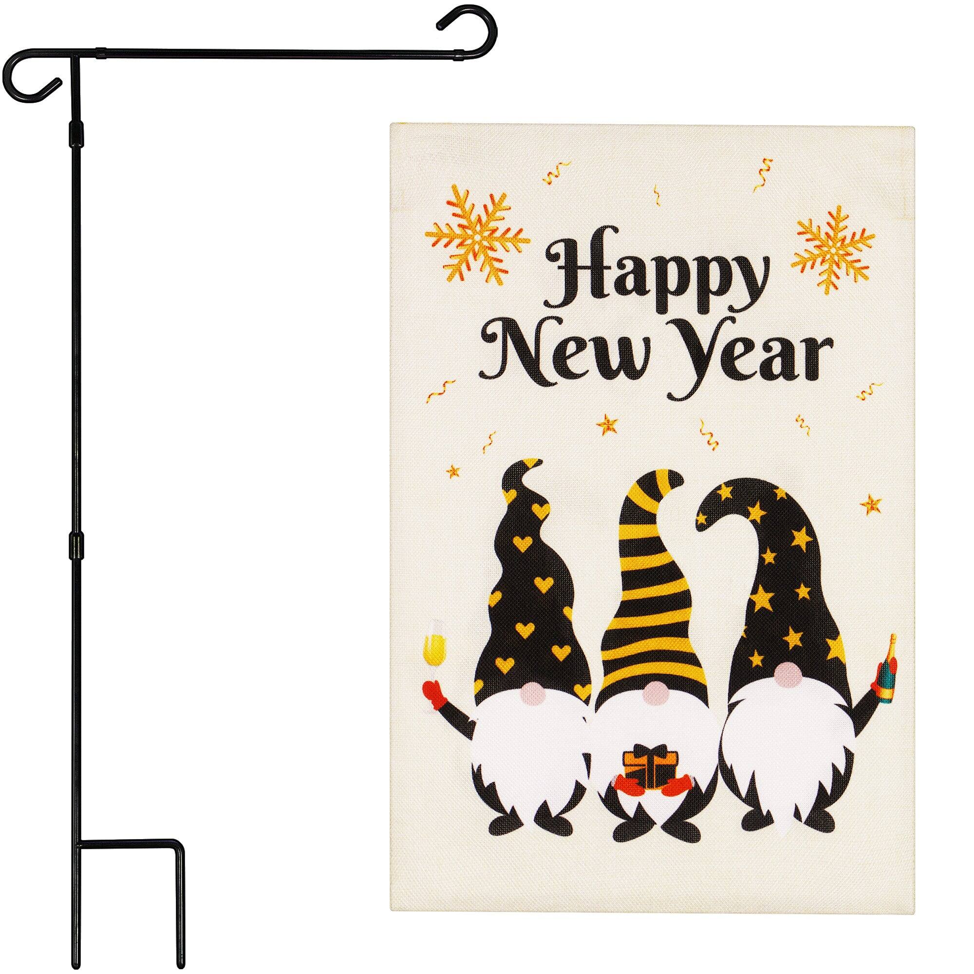 G128 - Combo Pack: 36 x 16 in Garden Flag Stand with 12 x 18 in Double-Sided Burlap Happy New Year Gnomes Flag - Assorted Colors price history on PriceWatchPro