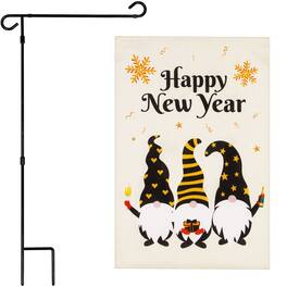 G128 - Combo Pack: 36 x 16 in Garden Flag Stand with 12 x 18 in Double-Sided Burlap Happy New Year Gnomes Flag - Assorted Colors