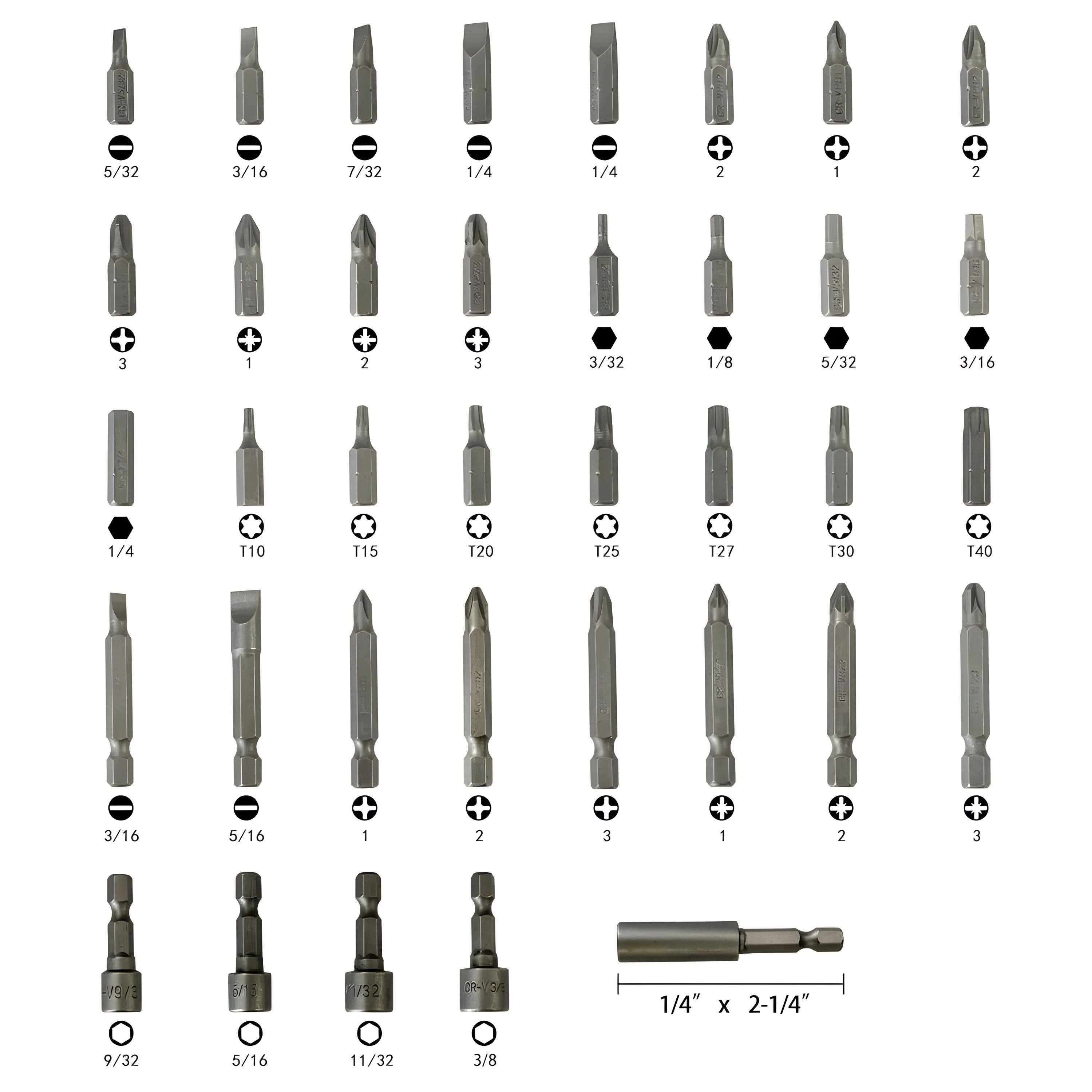 Sure, here is the corrected and grouped text from the image:

- 5/32
- 3/16
- 7/32
- 1/4
- 1/4
- 2
- 1
- 2
- 3
- 1
- 2
- 3
- 3/32
- 1/8
- 5/32
- 3/16
- 1/4
- T10
- T15
- T20
- T25
- T27
- T30
- T40
- M
- 3/16
- 5/16
- 1
- 2
- 3
- 1
- 2
- 3
- 9/32
- 5/16
- 11/32
- 3/8
- 1/4" x 2-1/4"
- 9/32
- 5/16
- 11/32
- 3/8