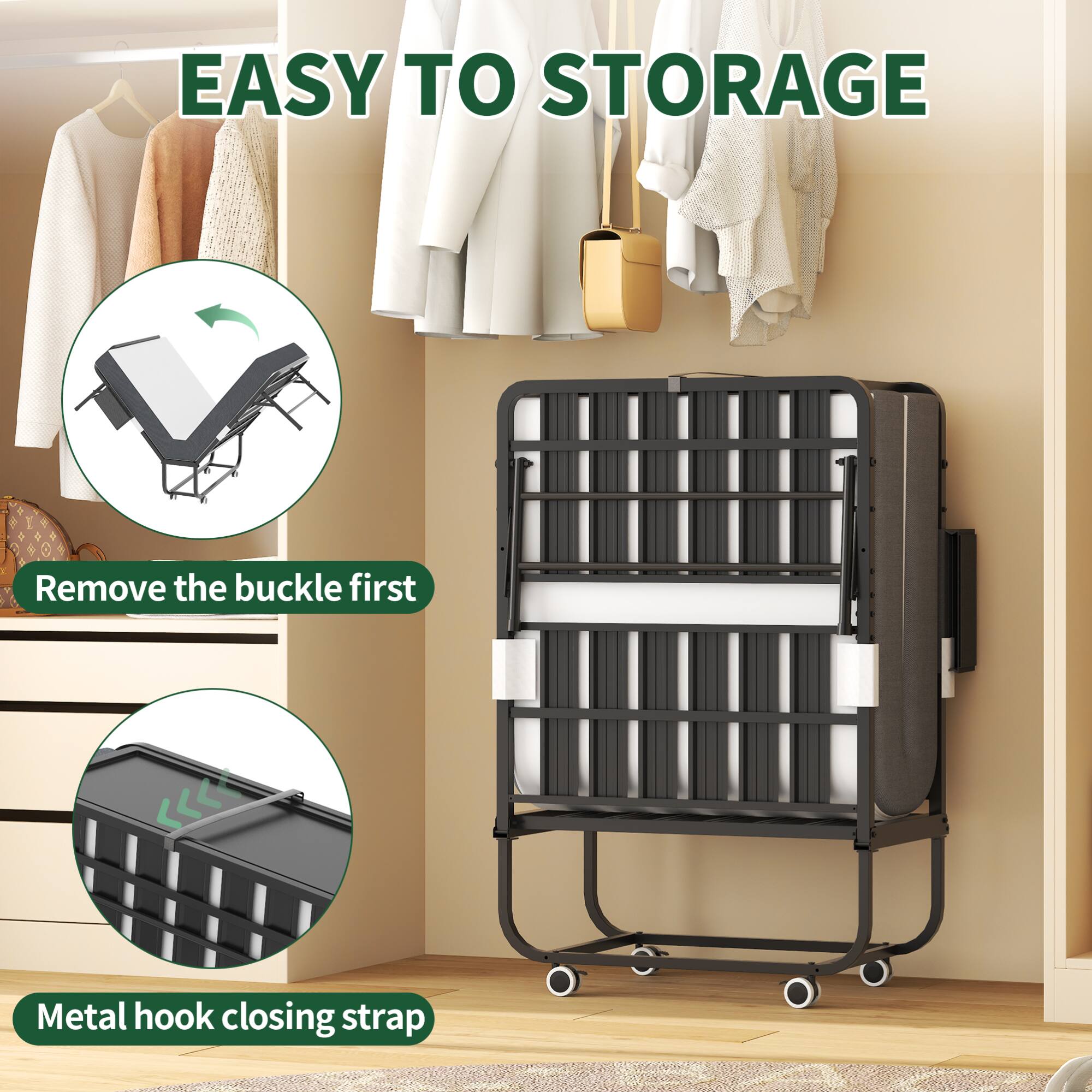 EASY TO STORAGE

Remove the buckle first

Metal hook closing strap