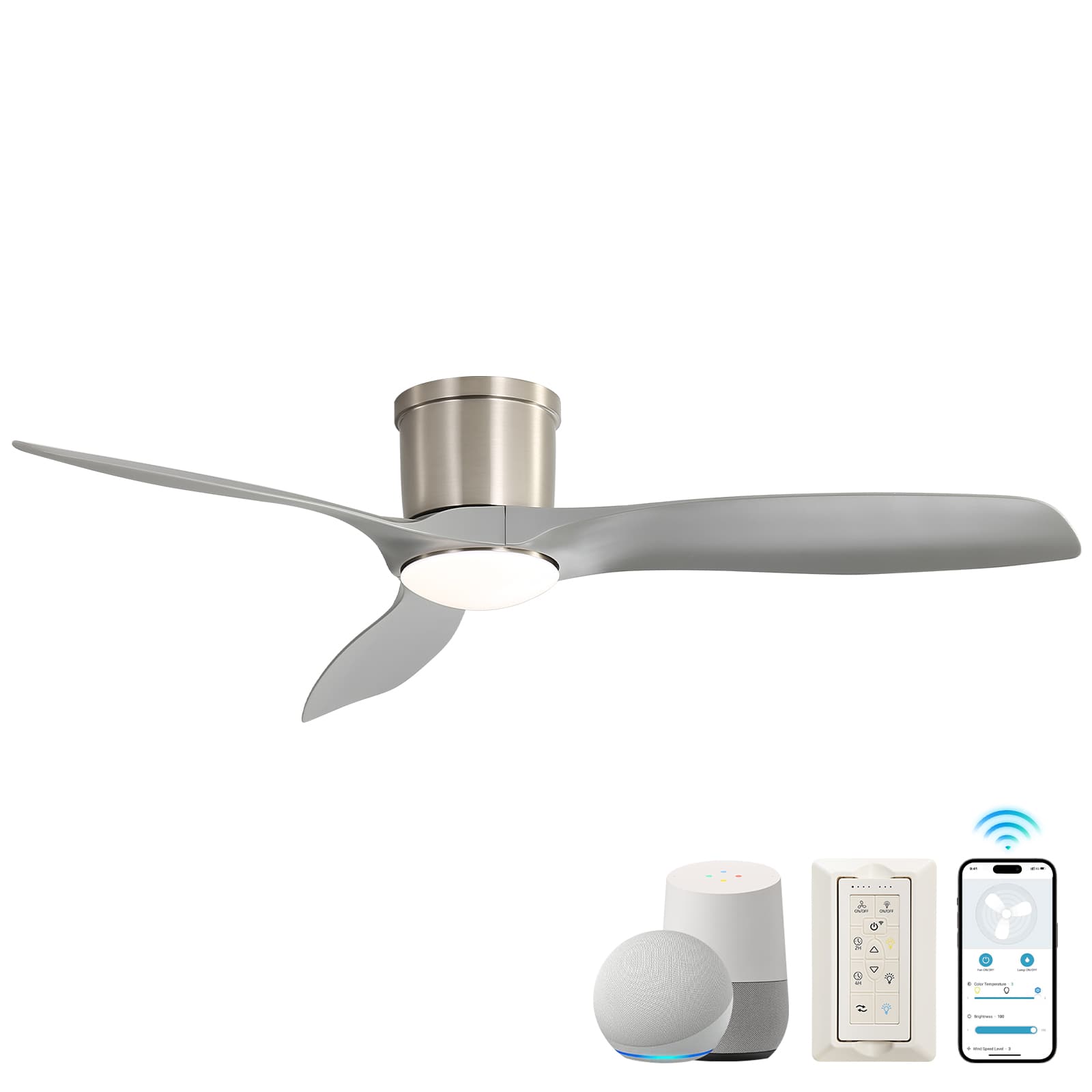 Sofucor - 52'' Smart Ceiling Fan with Light & Remote & APP Control Modern High CFM Flush Mount Ceiling Fan for Bedroom Living Room - Nickel