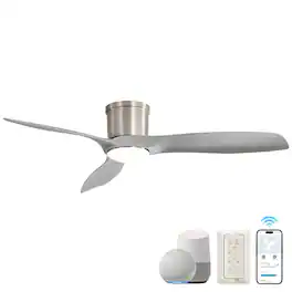 Sofucor - 52'' Smart Ceiling Fan with Light & Remote & APP Control Modern High CFM Flush Mount Ceiling Fan for Bedroom Living Room - Nickel