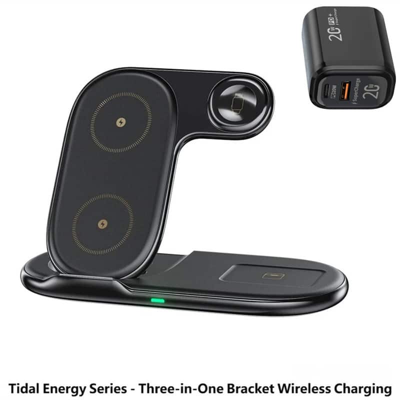 RISOKEYS - 3-in-1 Desktop Wireless Charger with Charging Port - Multi-Functional Mobile Phone Stand with Adjustable Charging - Black