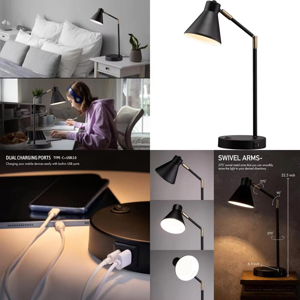 Luckbyte - 100% Metal LED Desk Lamp with 270° Swivel Arms, Dual USB-C & USB-A Fast Charging Ports, ETL Listed Table Lamp, Black