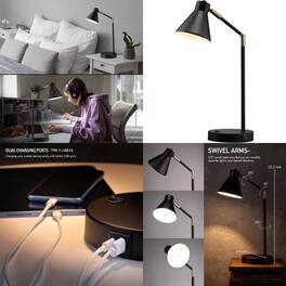 Luckbyte - 100% Metal LED Desk Lamp with 270° Swivel Arms, Dual USB-C & USB-A Fast Charging Ports, ETL Listed Table Lamp, Black