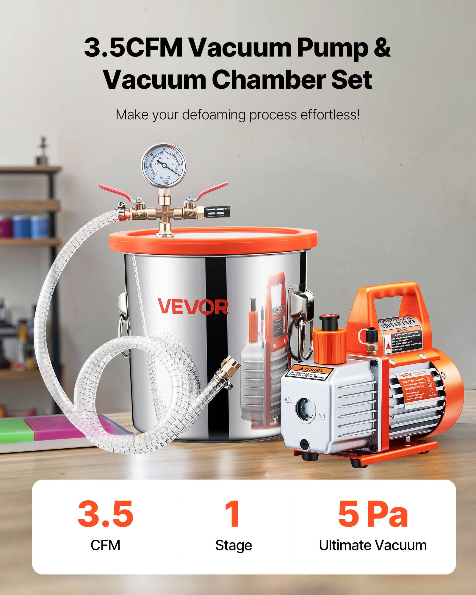 3.5CFM Vacuum Pump & Vacuum Chamber Set  
Make your defoaming process effortless!  

VEVOR VE 33 PUMP VACDUM  

CAUTION  
R2 VEVOR  

3.5 CFM  
1 Stage  
5 Pa Ultimate Vacuum