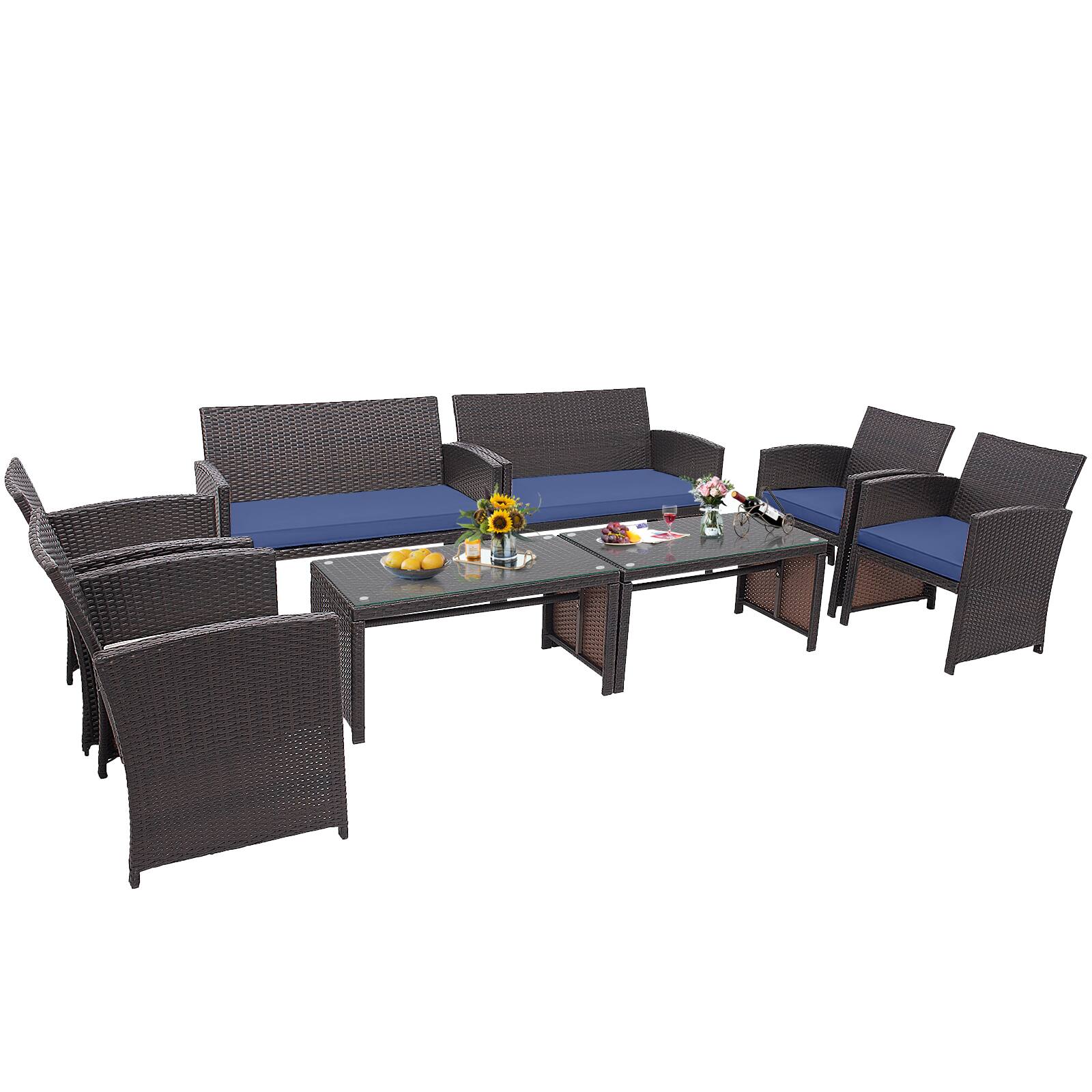 Alt View 9. Gymax - Gymax 8PCS Patio Conversation Set Outdoor Rattan Furniture Set w/ Navy Cushions - Navy.