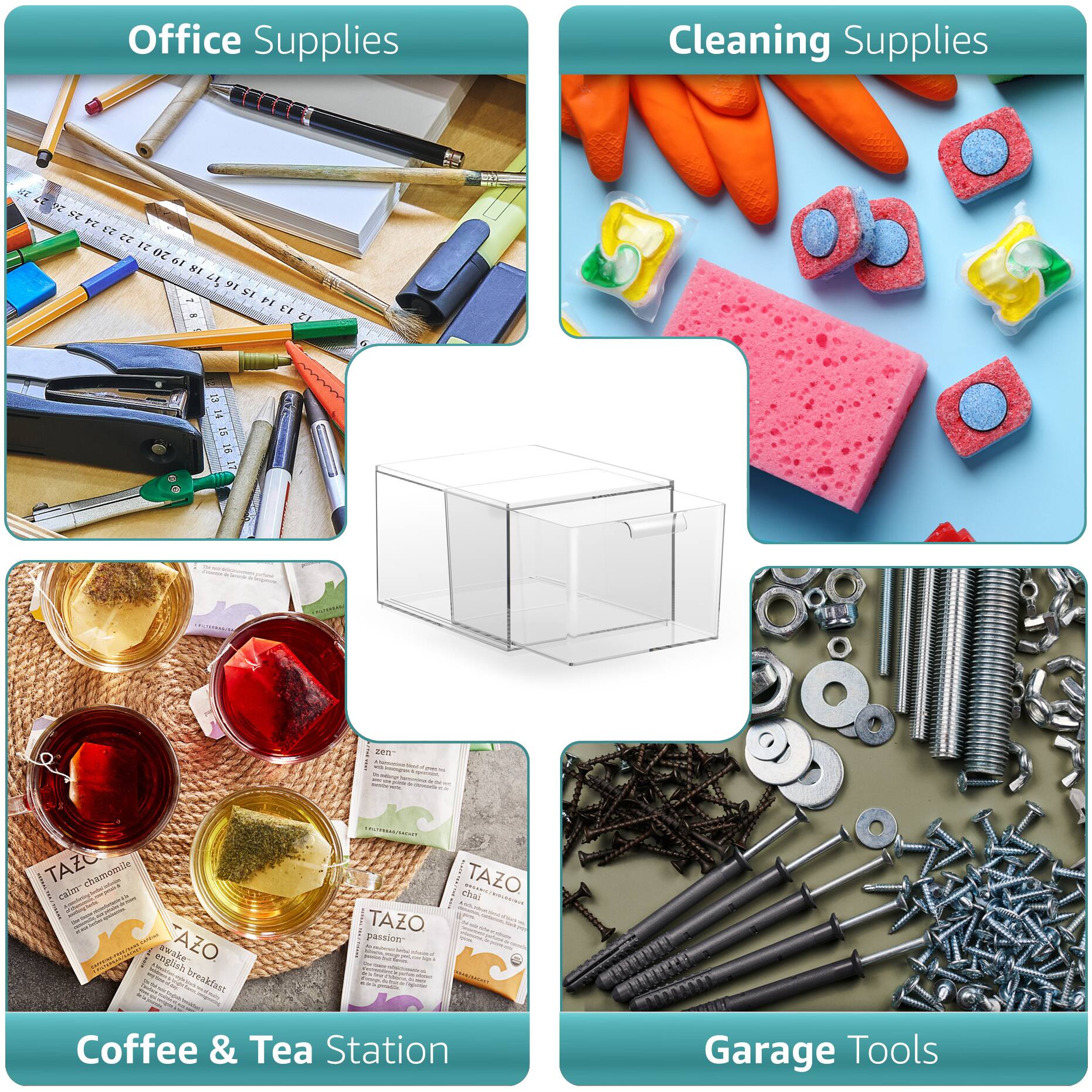 Office Supplies  
Cleaning Supplies  
Coffee & Tea Station  
Garage Tools