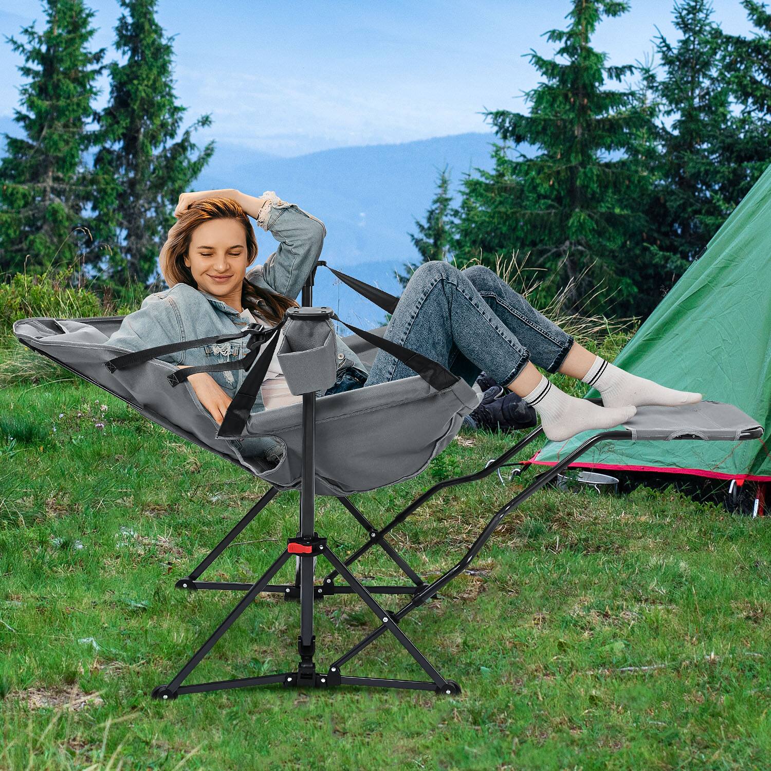 Angle. Ainfox - Ainfox Hammock Camping Chair with Footrest & Carrying Bag Foldable Portable Rocking Chairs for Adults - gray.