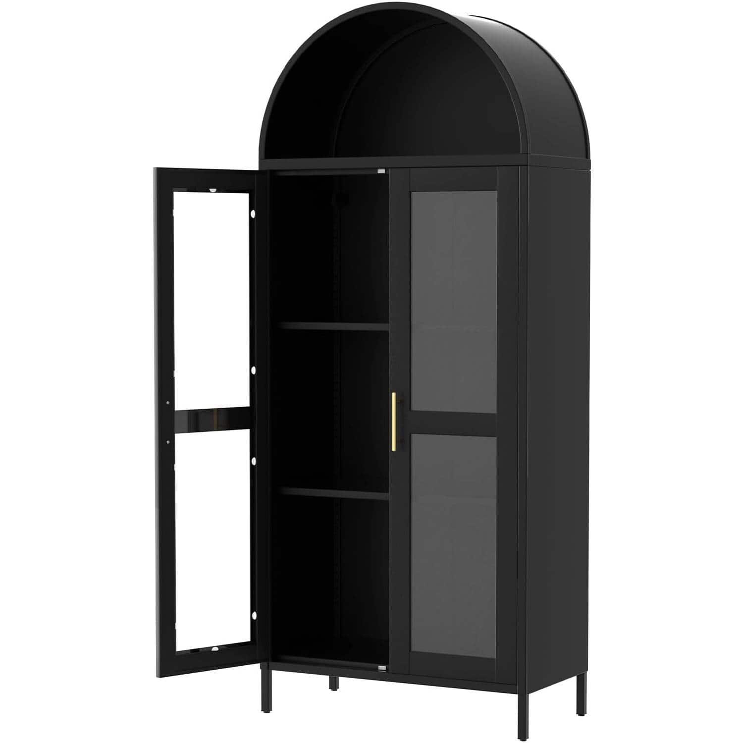 Qeetex - 73 in Tall Metal Storage Display Cabinet with Glass Door for Home, Office - Black