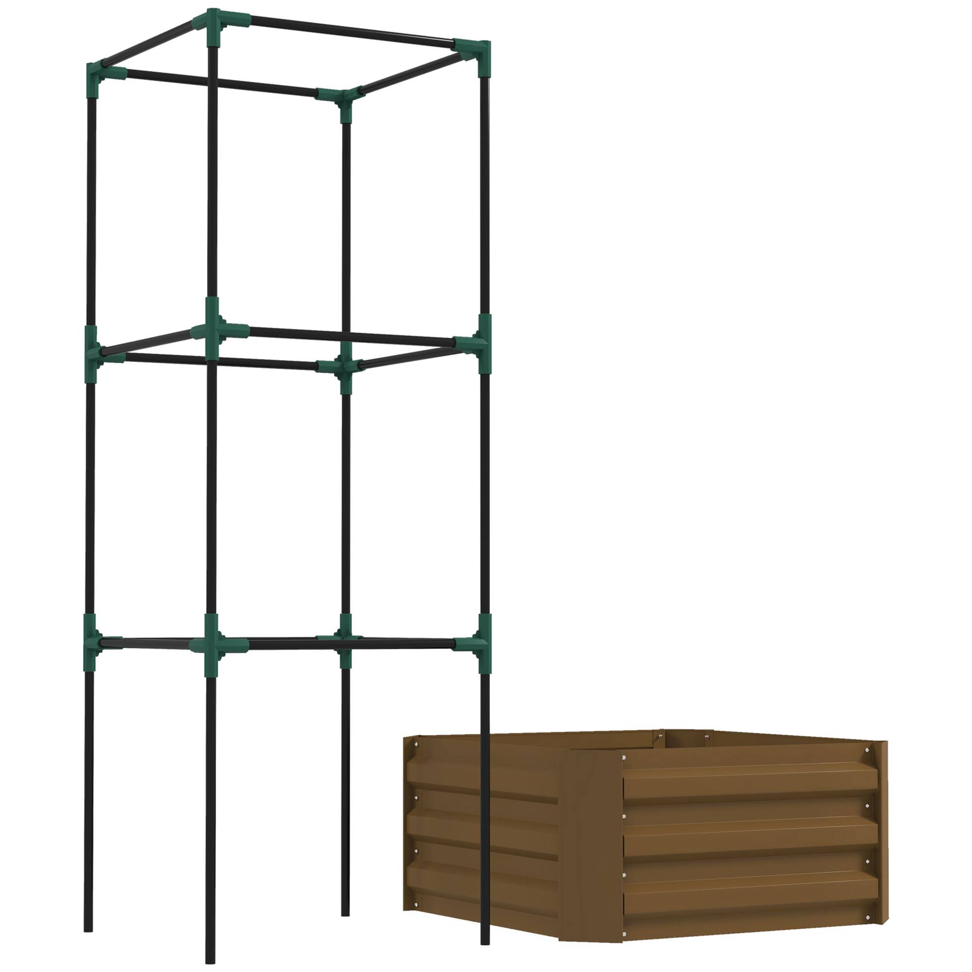 Alt View 7. Outsunny - Galvanized Raised Garden Bed, 55" Tall Outdoor Planter Box with Trellis Tomato Cage and Open Bottom for Climbing Vines - Brown.
