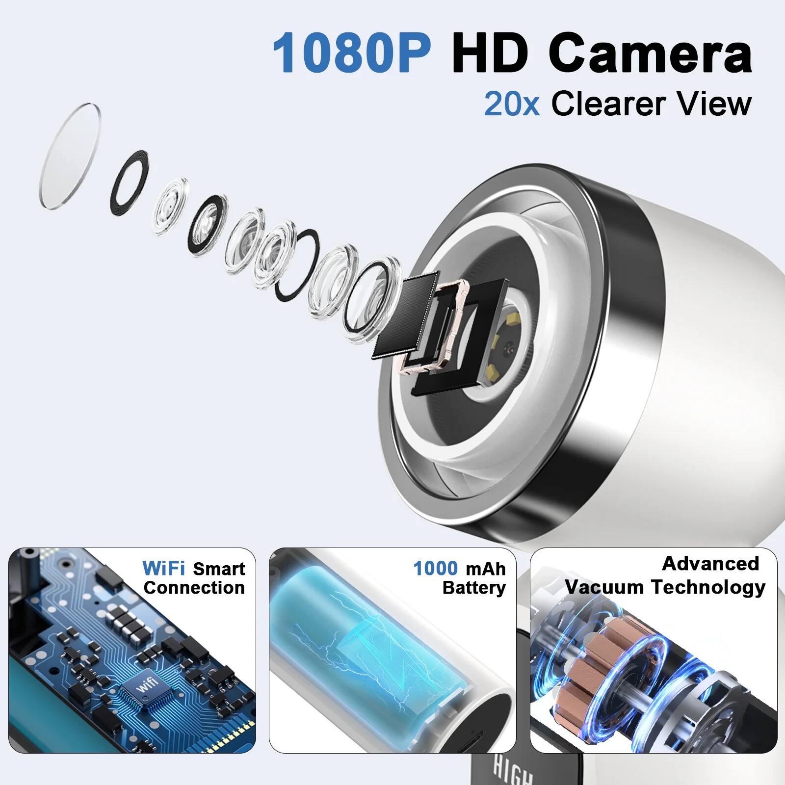1080P HD Camera  
20x Clearer View  

WiFi Smart Connection  
1000 mAh Battery  
Advanced Vacuum Technology