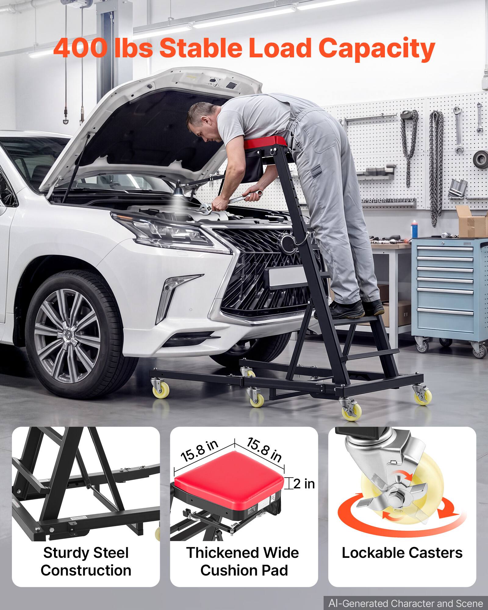 400 lbs Stable Load Capacity

1
1
1
1
in 15.8
15.8 in
2 in

Sturdy Steel Construction
Thickened Wide Cushion Pad
Lockable Casters

AI-Generated Character and Scene