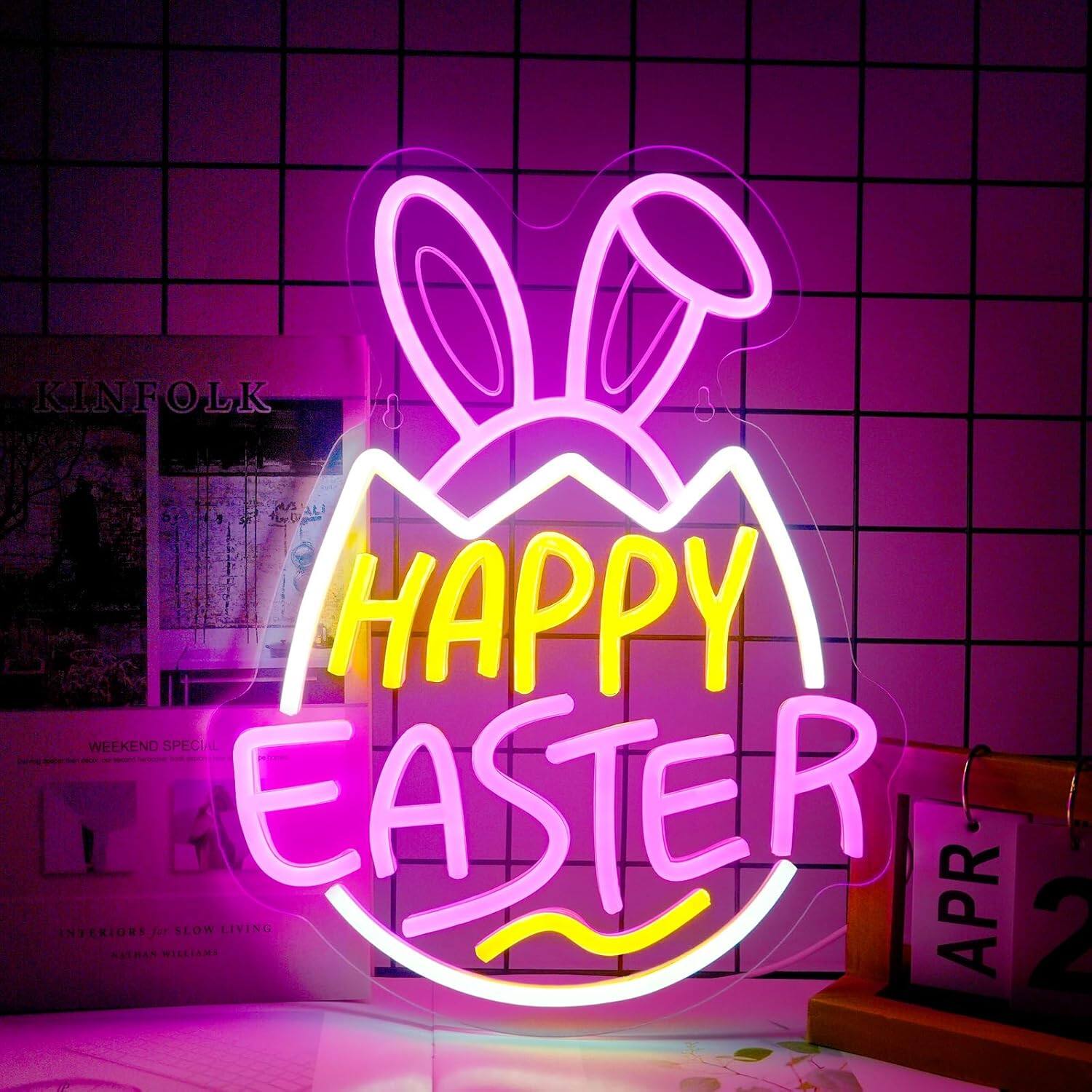 Auledio - Happy Easter Neon Sign Bunny Neon Light for Decorations, Dimmable Neon Decor Easter Gifts for Kids Spring Front Yard - Multicolour