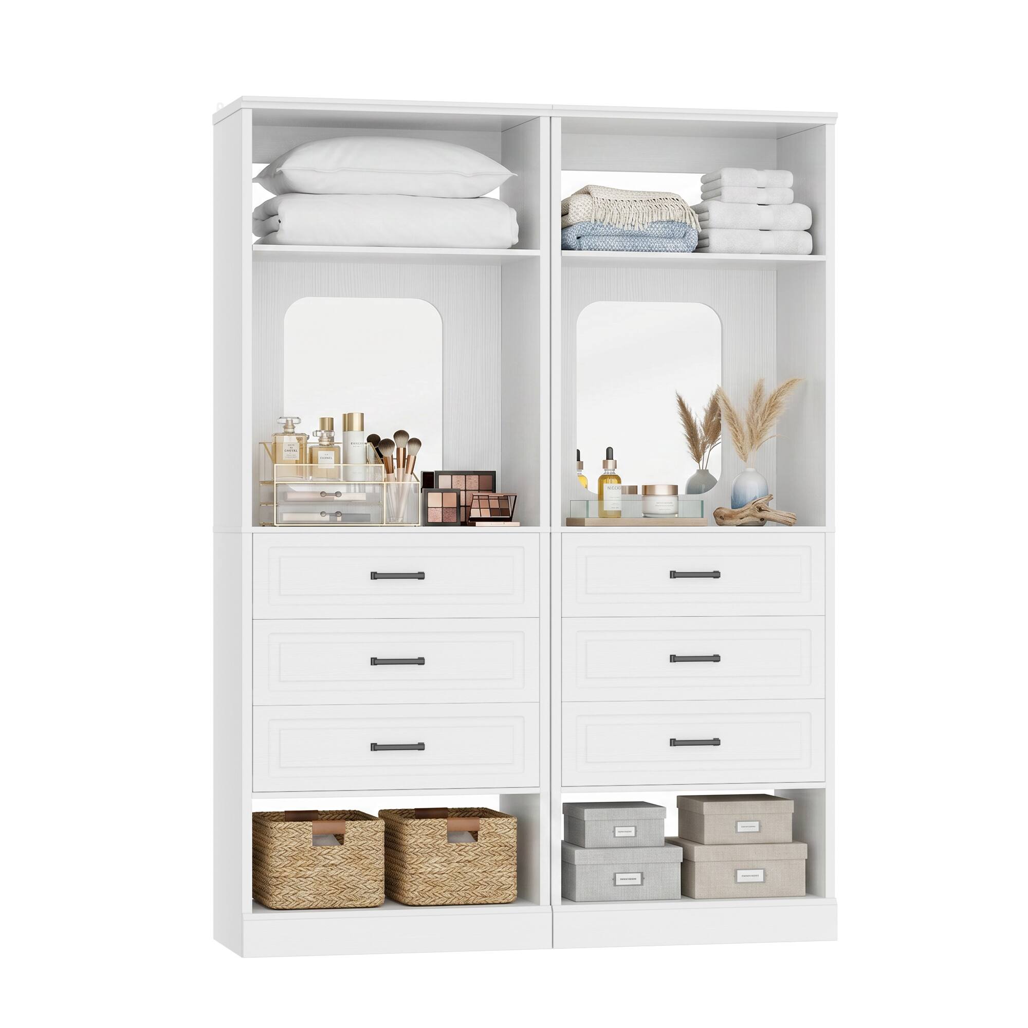 Angle. Aheaplus - 50" W Modular Closet Storage System Set of 2, Freestanding Wardrobe with 6 Wooden Drawers & 2 HD Mirrors - White.