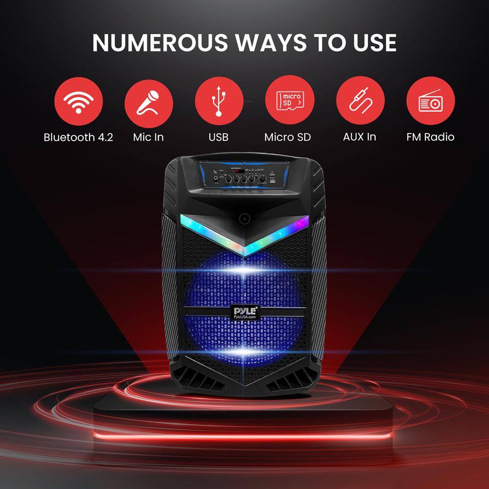 NUMEROUS WAYS TO USE

- Bluetooth 4.2
- Mic In
- USB
- Micro SD
- AUX In
- FM Radio

PYLE
PYLE.com