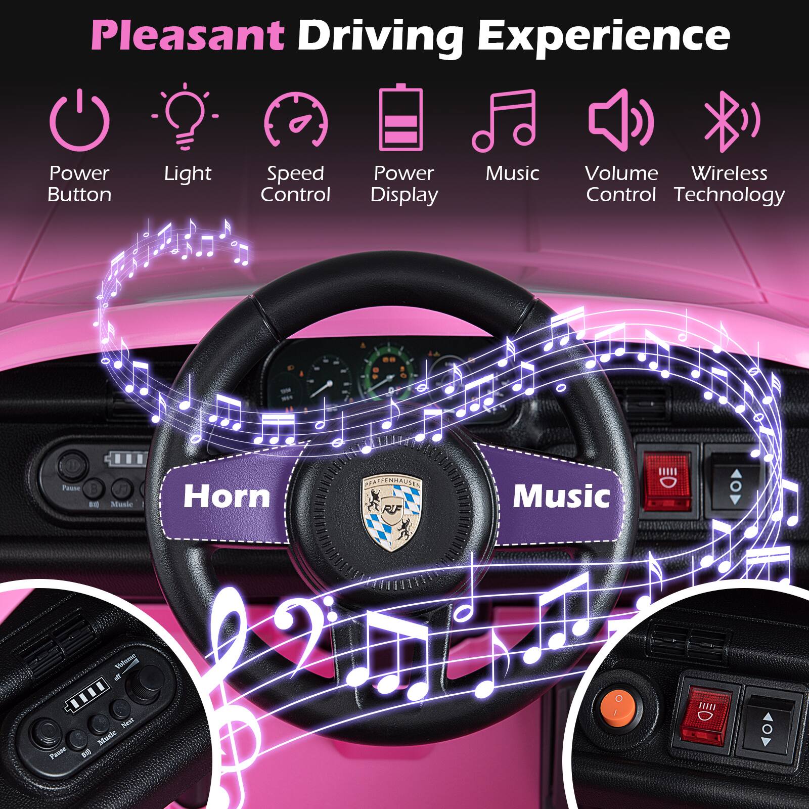 Pleasant Driving Experience

- Power Button
- Light
- Speed Control
- Power Display
- Music
- Volume Control
- Wireless Technology

Horn
Music