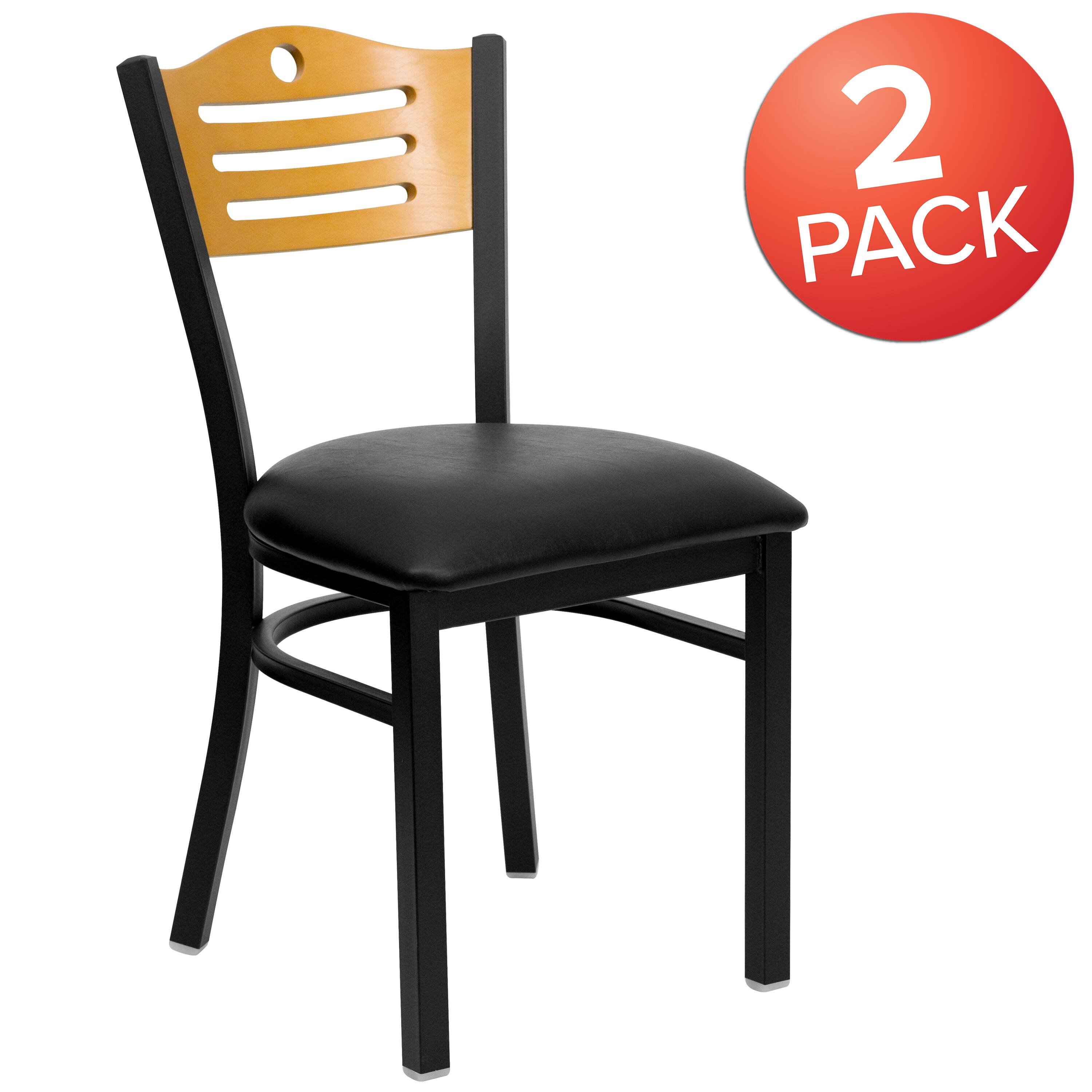 Alt View 1. Emma + Oliver - 2 Pack Slat Back Metal Restaurant Chair - Natural Wood Back/Black Vinyl Seat/Black Metal.