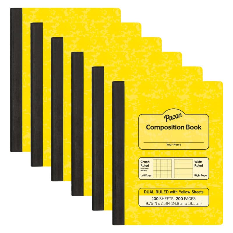 Pacon- Dual Ruled Composition Book, Yellow, 1/4 in grid and 3/8 in (wide) 9-3/4" x 7-1/2", 100 Sheets, Pack of 6