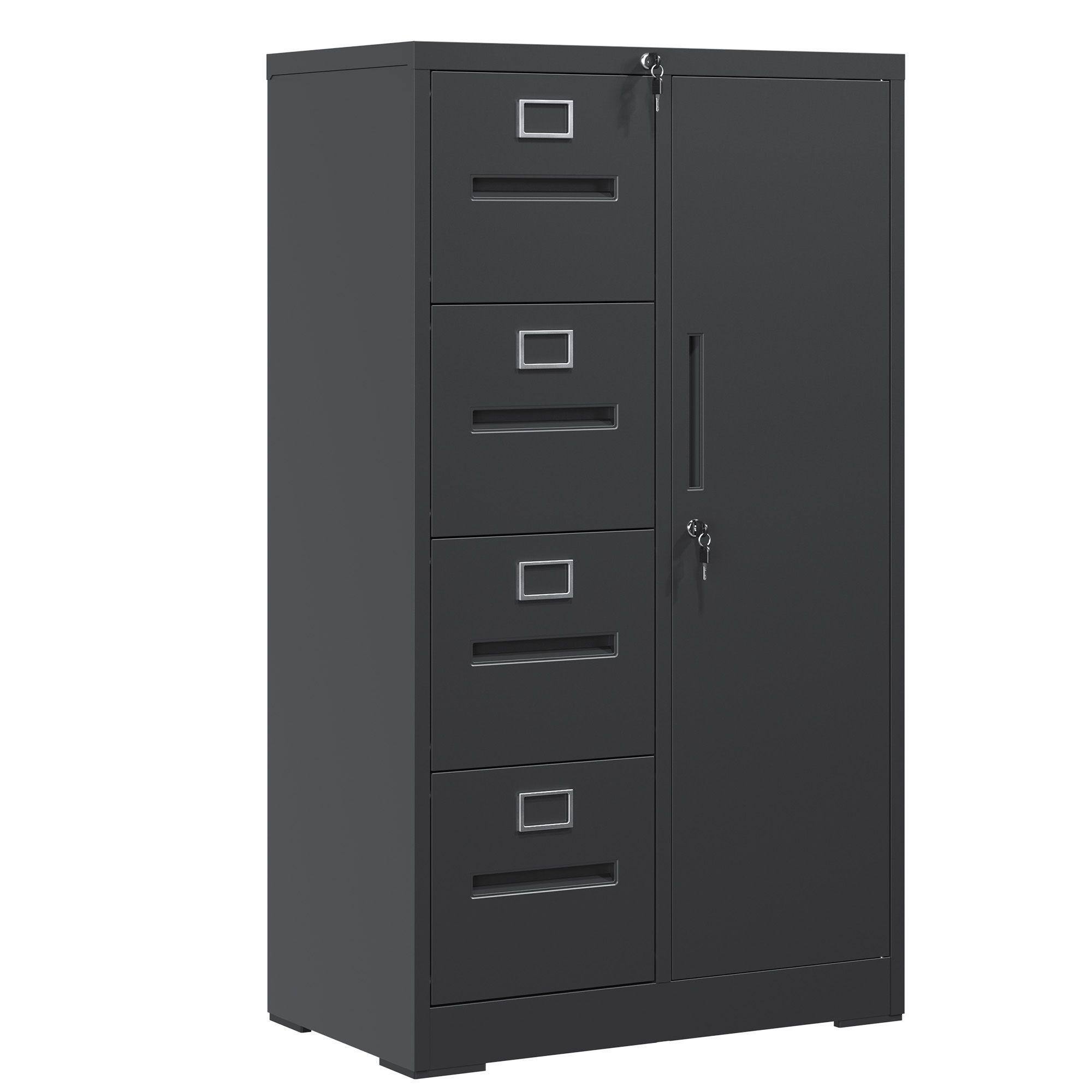 Front. Mirfee - Metal Storage Cabinet with Lock, 4 Drawers & 1 Door for Office/School - Black.
