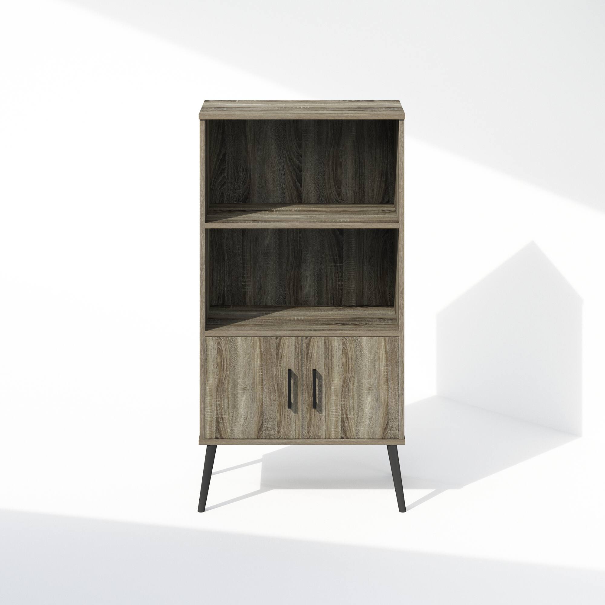 Alt View 2. Furinno - Furinno Mid-Century Open Display Shelves & Storage Cabinet with Wooden Legs, French Oak Grey - French Oak Grey.