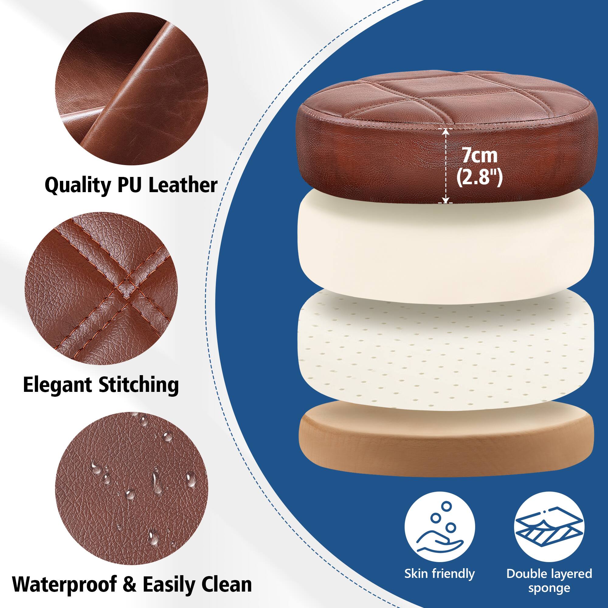 Left. KERDOM - Versatile Rolling Stool Adjustable Height PU Leather Swivel Small Office Chair without Back for Drawing Tattoo Salon Lab - Browm.