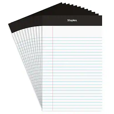 Front. Staples - Notepads, 5" x 7.25", Narrow Ruled, 50 Sheets/Pad, Dozen - White.