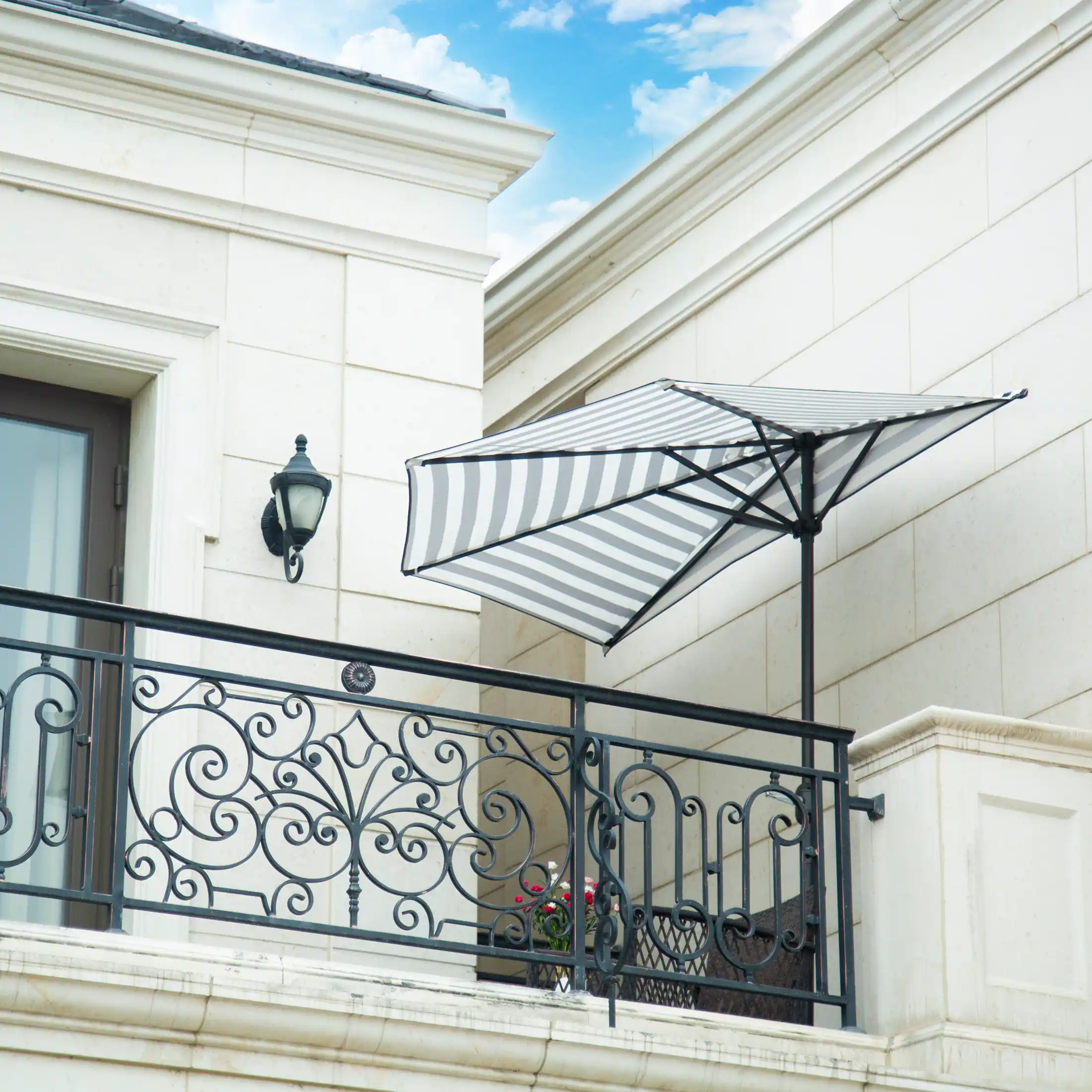 Angle. WestinTrends - WestinTrends Lanai 9 ft. Aluminum Half Market Crank Lift Patio Umbrella - Black/White.