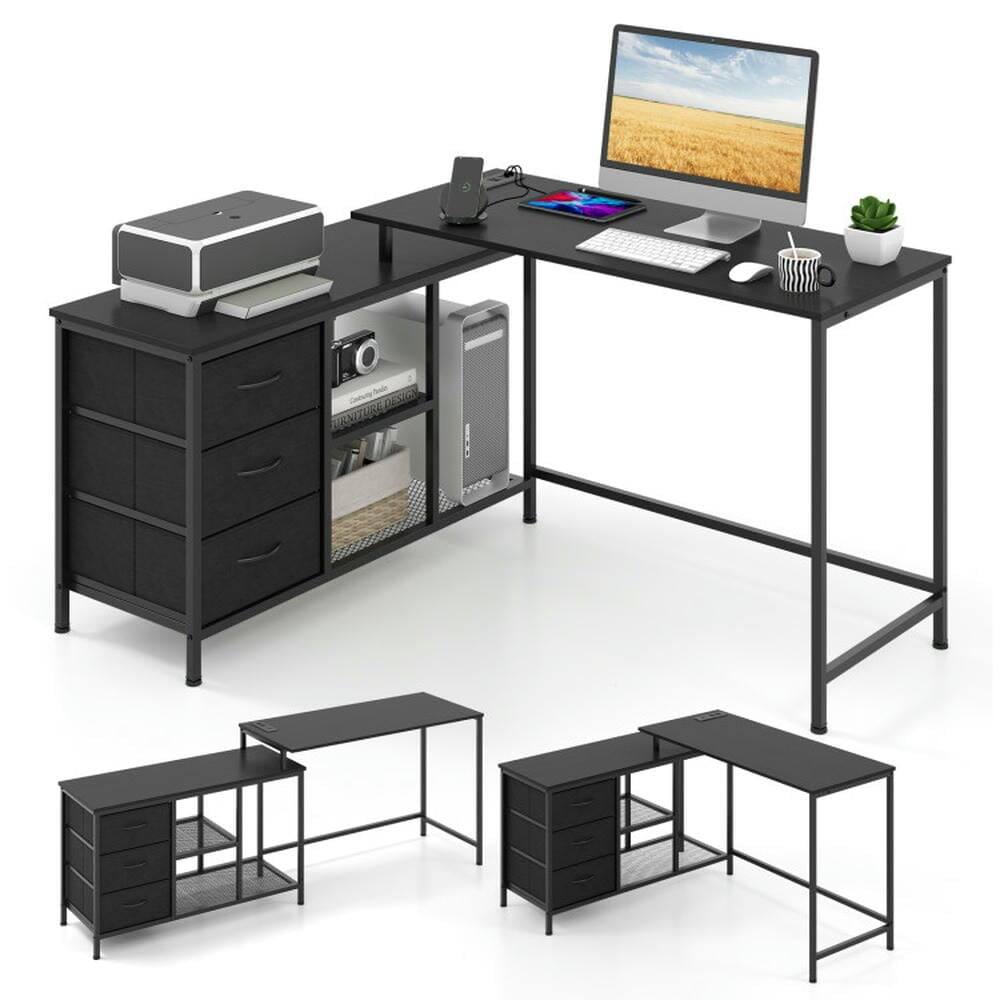 Pefilos - L-shaped Computer Desk with Power Outlet, Office Desk, Gaming Computer Desks for Study, Working, Writing - Black