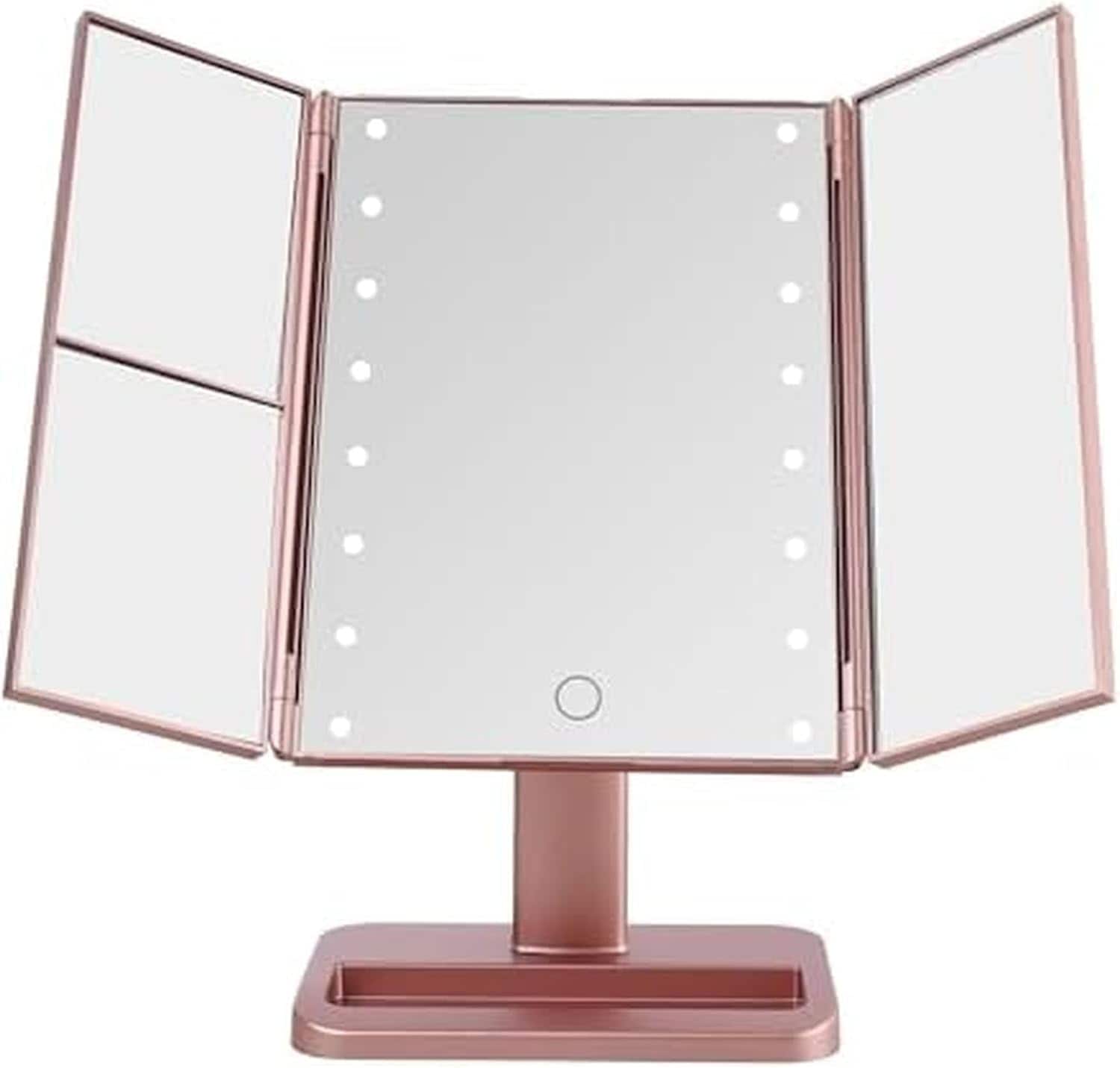 Stamp n Camp - MELANNCO 7.09x4.69x11.61 Inch Tri Fold LED Vanity Mirror, 3 Magnifications and Dimmable Lights - Rose Gold